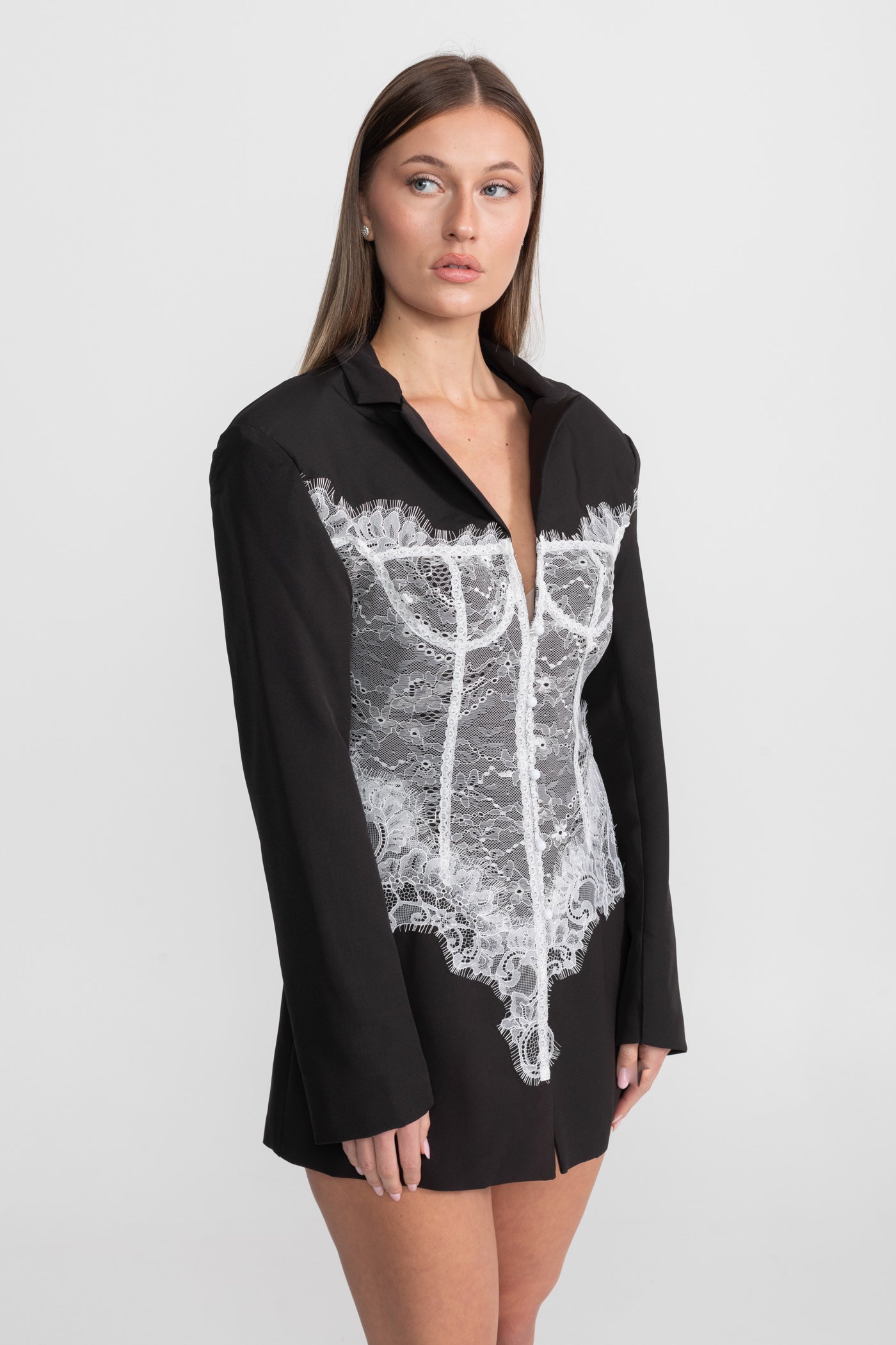Rochie Blazer cu Corset de Dantelă și Decolteu Adânc în V – Negru