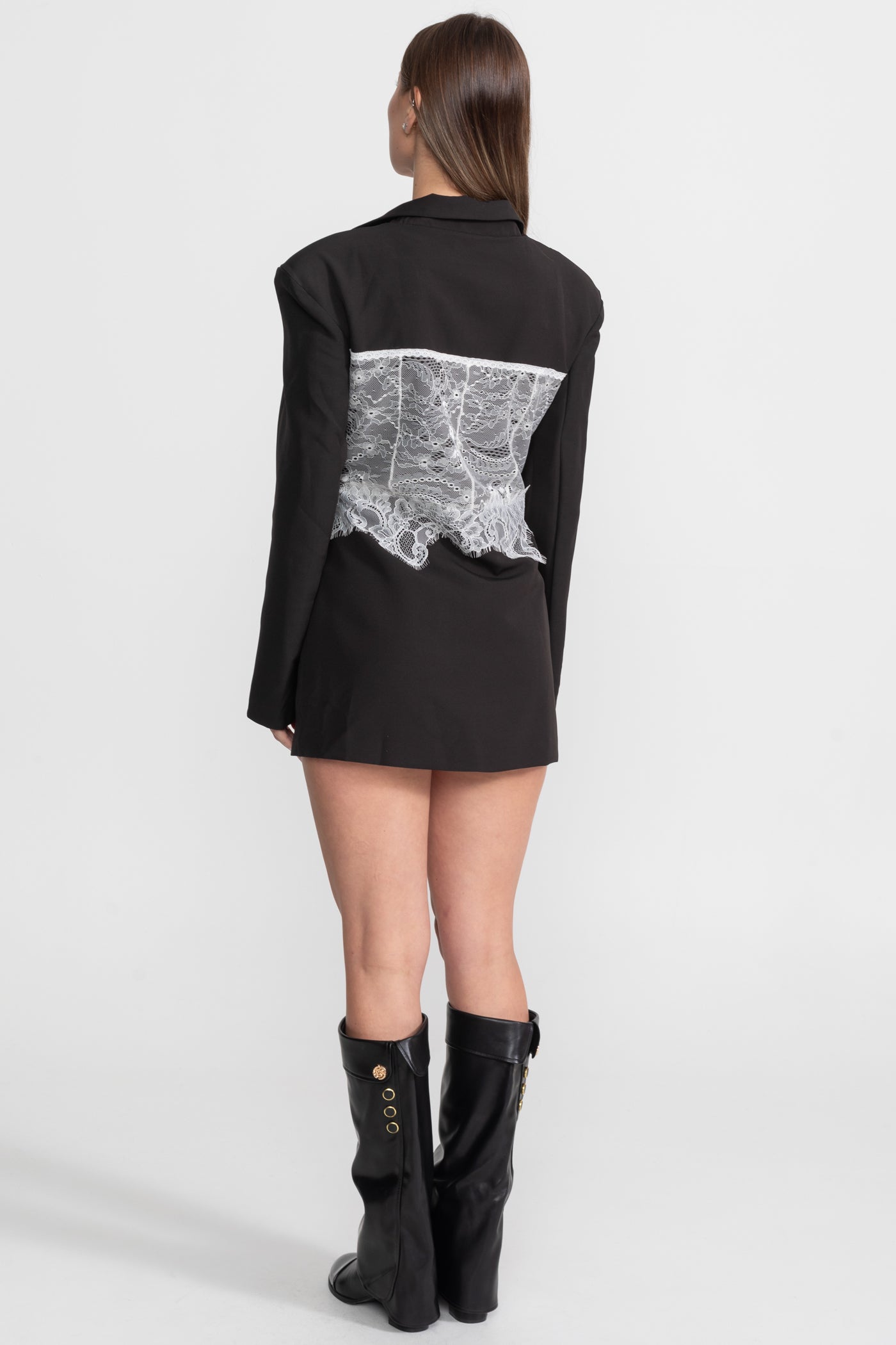 Rochie Blazer cu Corset de Dantelă și Decolteu Adânc în V – Negru