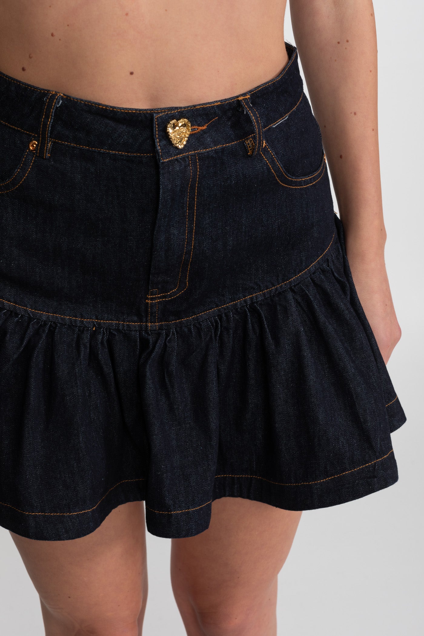 Set coordonat din denim cu bustieră și cusături contrastante – Indigo