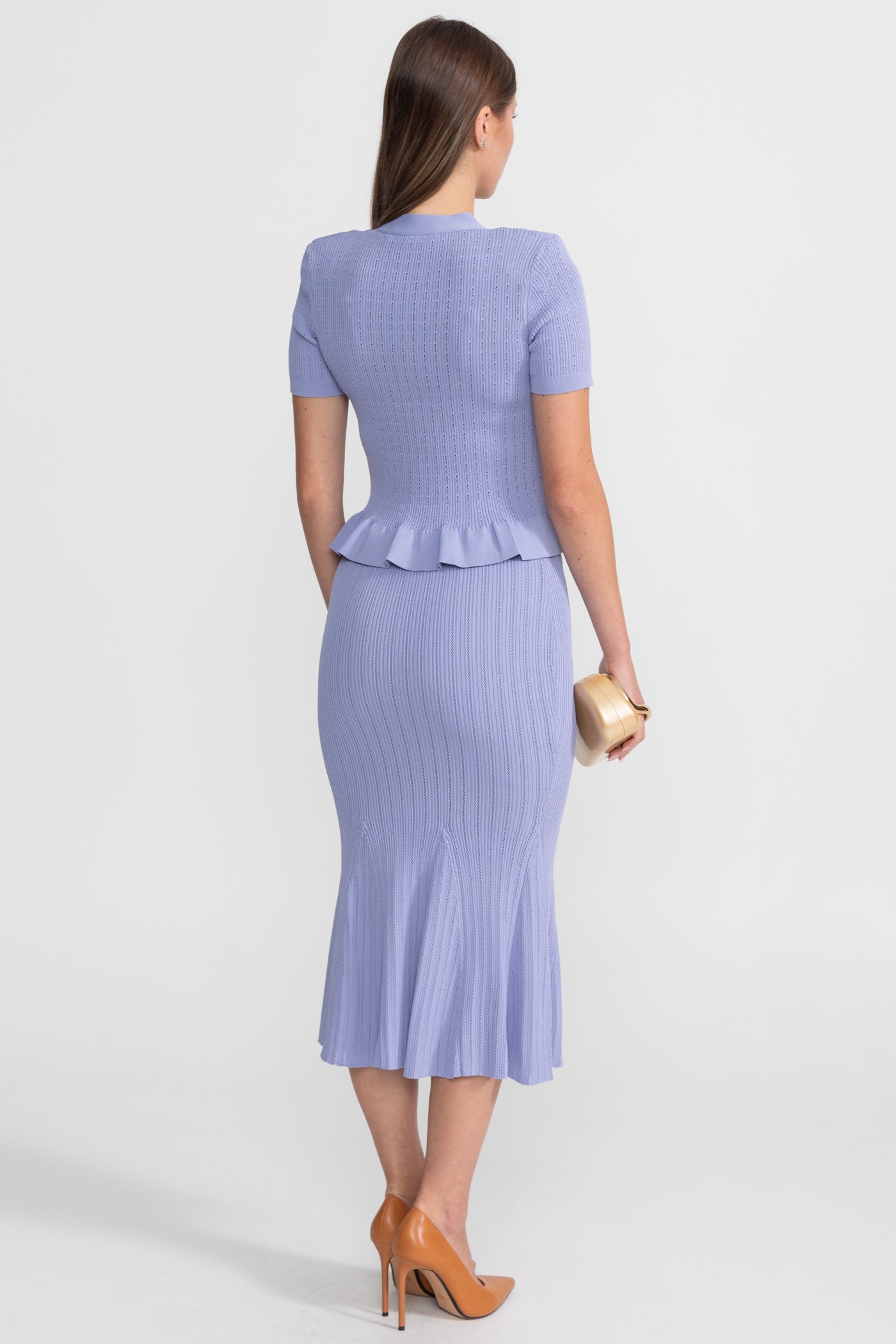 Knit Midi Co-Ord with Peplum Waist and Gold Buttons – Lilac