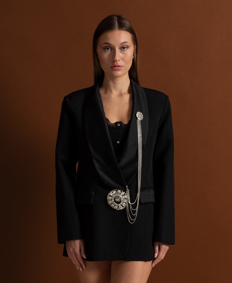 Crystal Brooch Blazer With Shawl Lapels – Black
