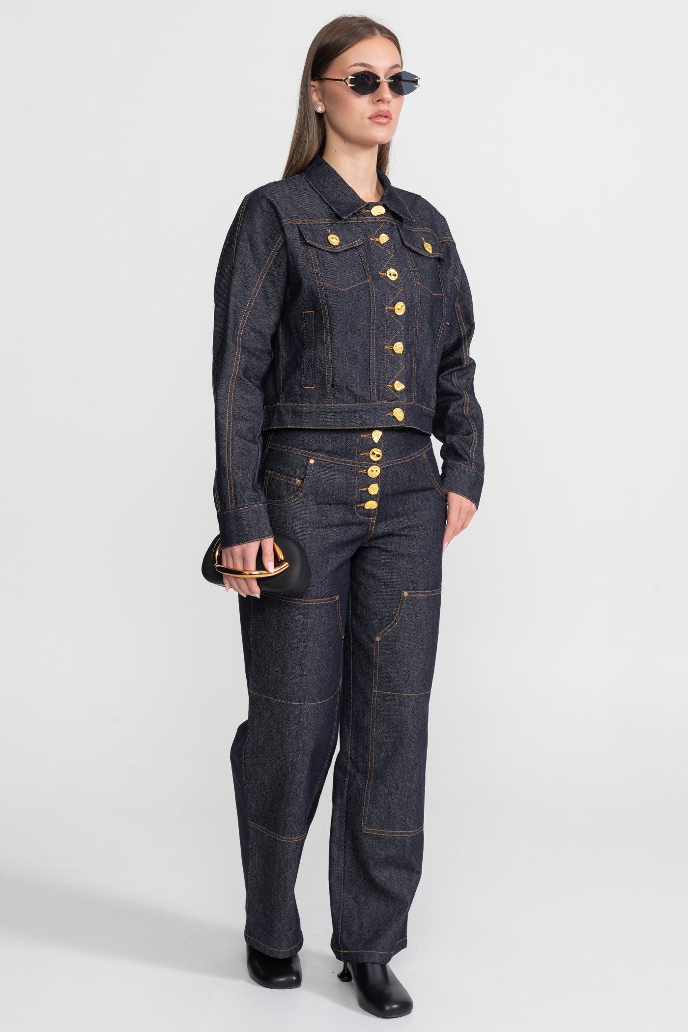 Set Co-ord din Denim cu Nasturi Aurii – Indigo