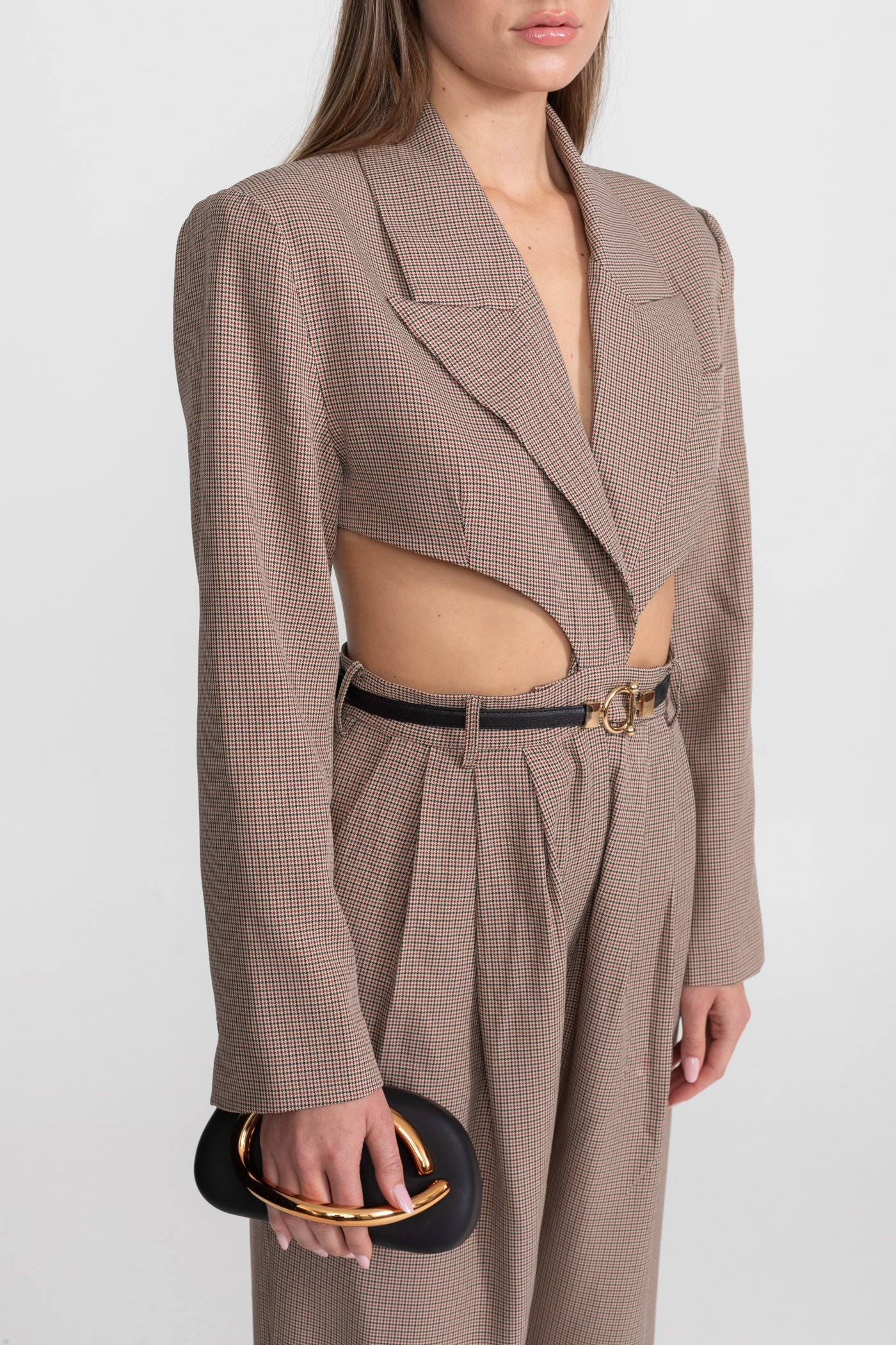 Cut-Out Jumpsuit With Slim Black Waistbelt – Taupe Check