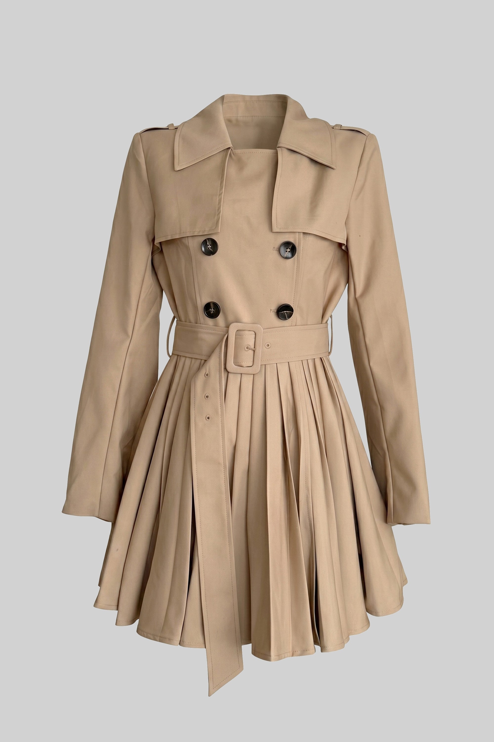 Trench coat cu două rânduri de nasturi și curea, cu fustă plisată - Khaki