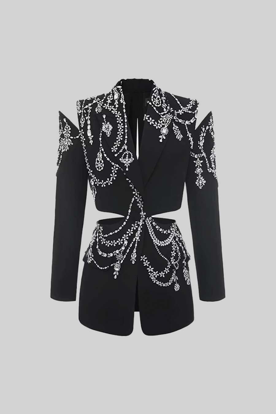 Blazer Elegant Brodat cu Decupaje în Talie - Negru