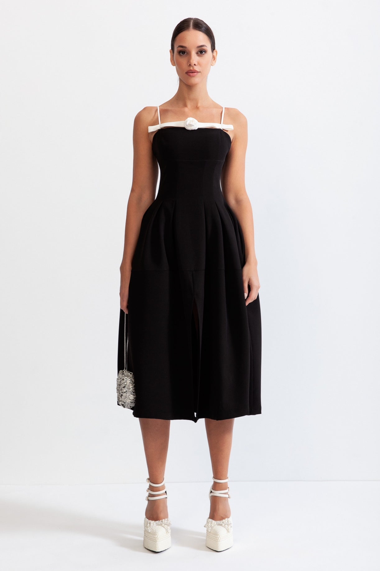 Flower Detail Mid-Calf Dress - Black