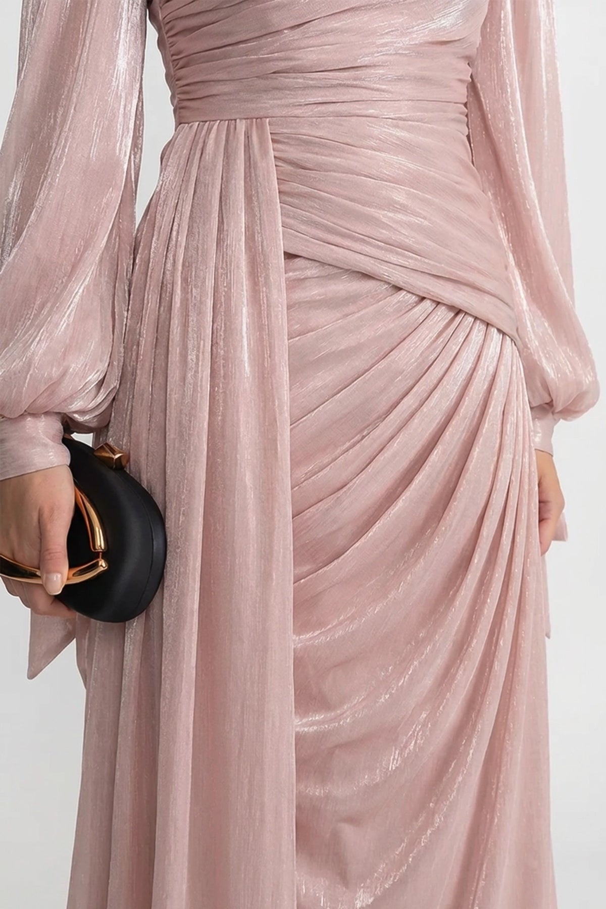 Draped Long-Sleeve Maxi Dress with Gathered Waist – Blush Pink