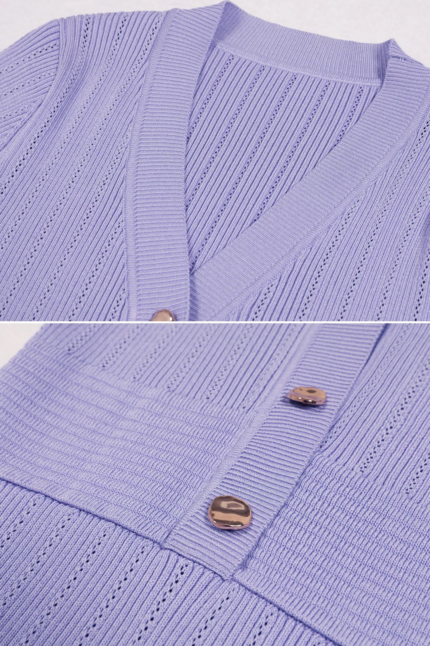 Rochie midi cu mâneci scurte și dungi, decolteu în V cu nasturi aurii - Lilac