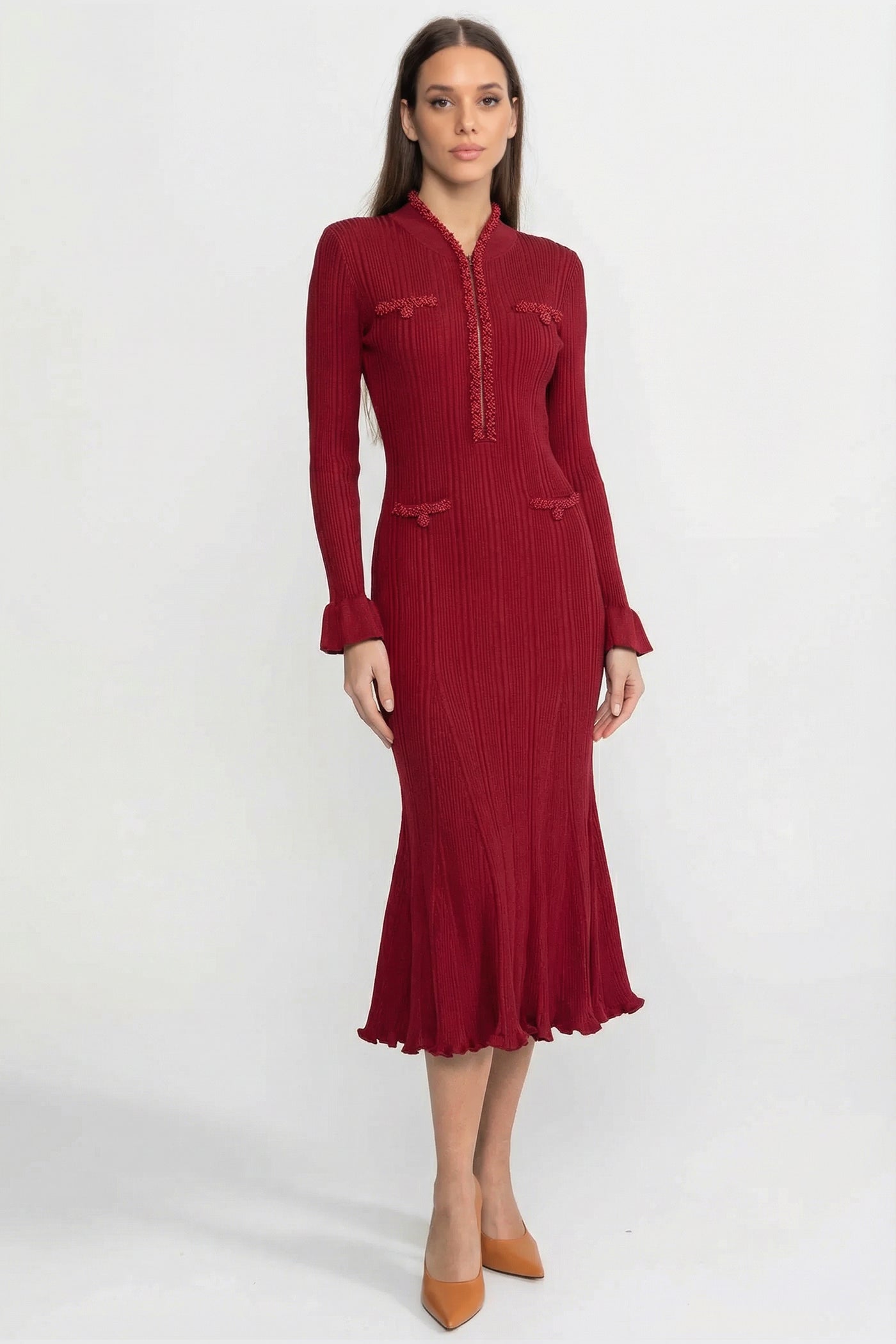Rochie midi cu mâneci lungi și model nervurat, cu detalii împletite - Burgundy