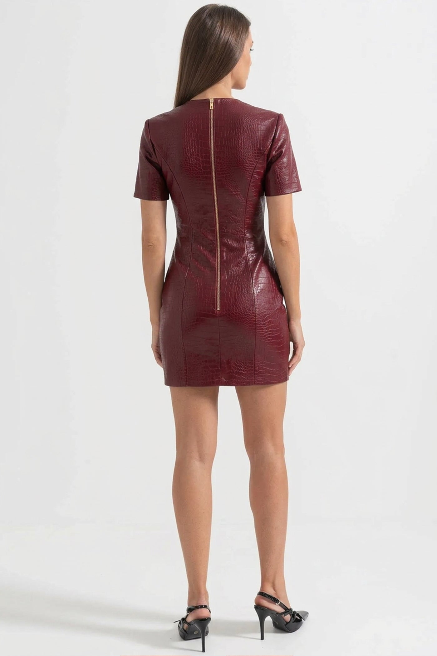 Croc-Effect Mini Dress With Gold Button Front - Red