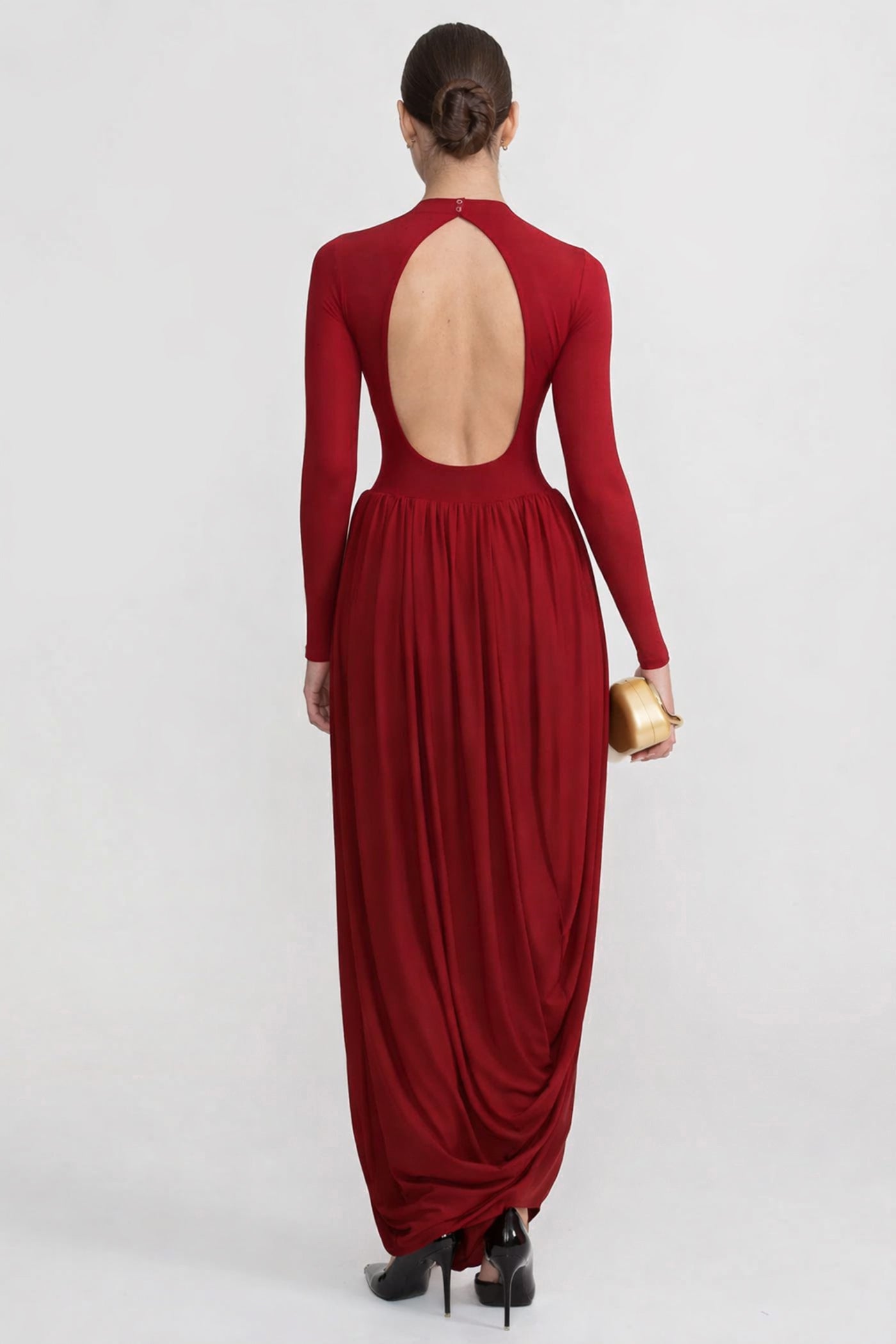 Rochie maxi cu mâneci lungi și fustă drapată - Roșu