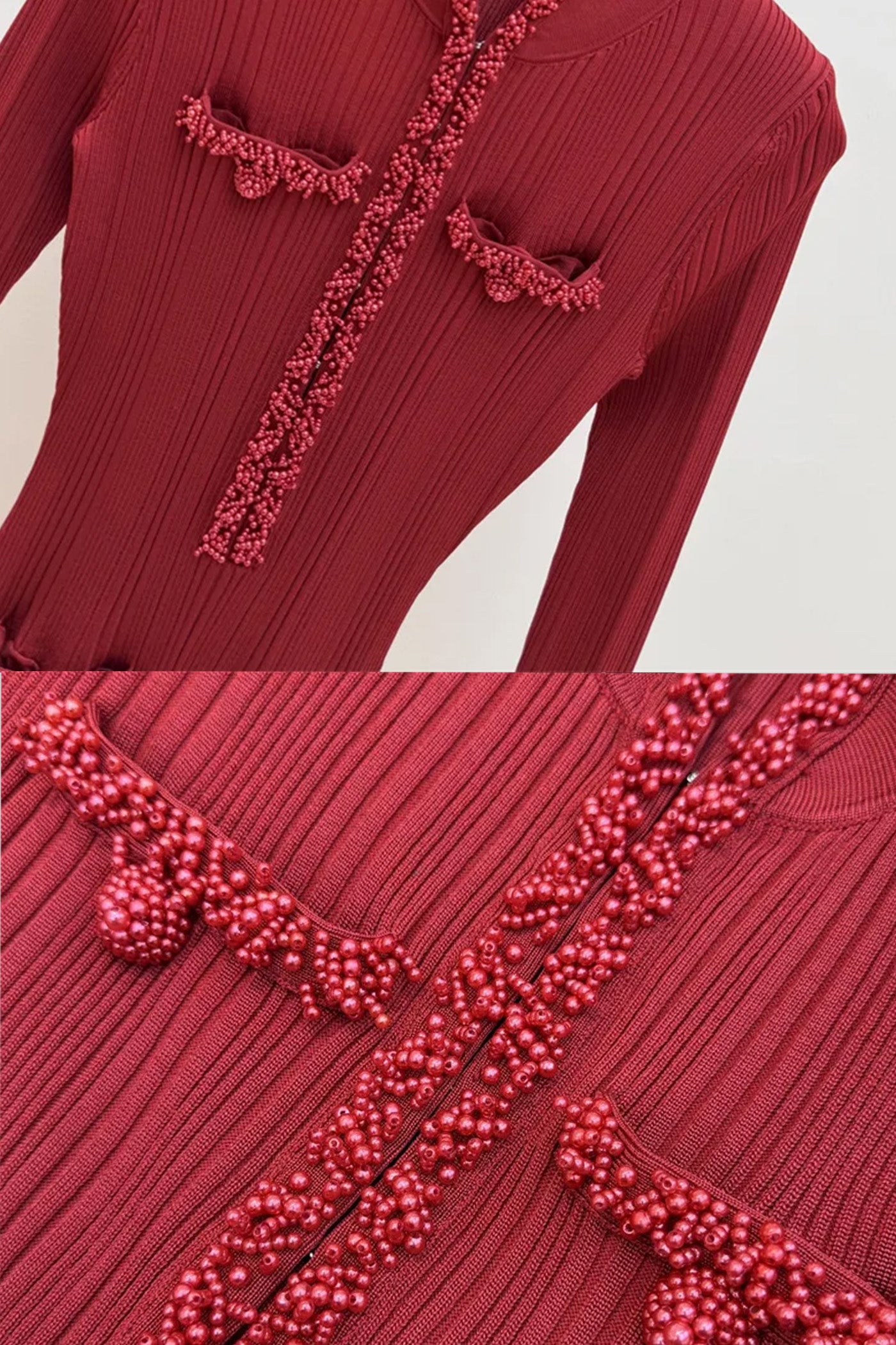 Rochie midi cu mâneci lungi și model nervurat, cu detalii împletite - Burgundy