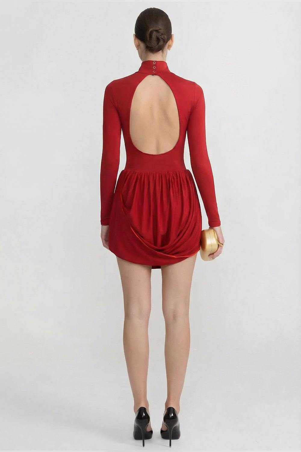 Rochie mini cu mâneci lungi și fustă drapată tip bubble - Roșu