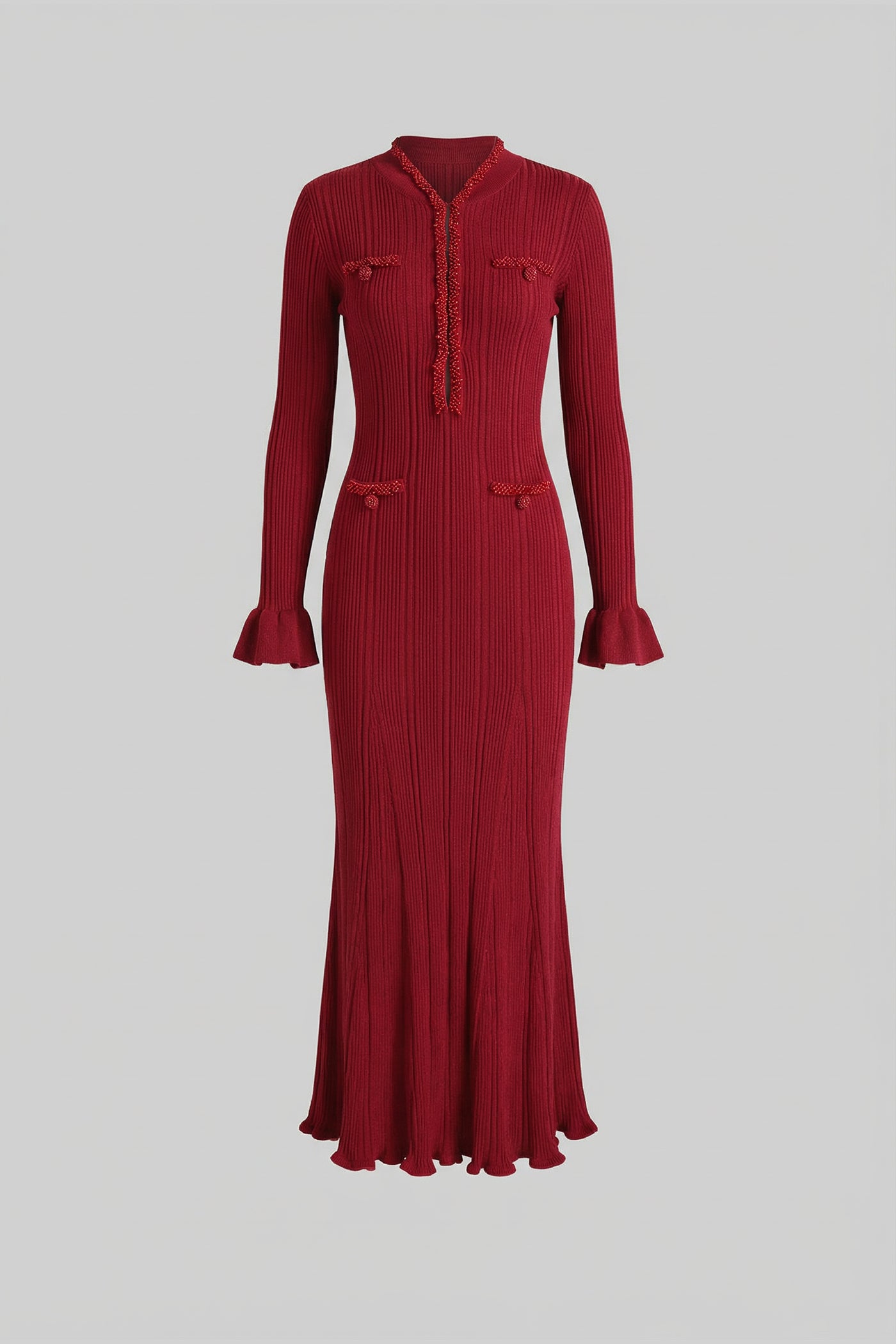 Rochie midi cu mâneci lungi și model nervurat, cu detalii împletite - Burgundy