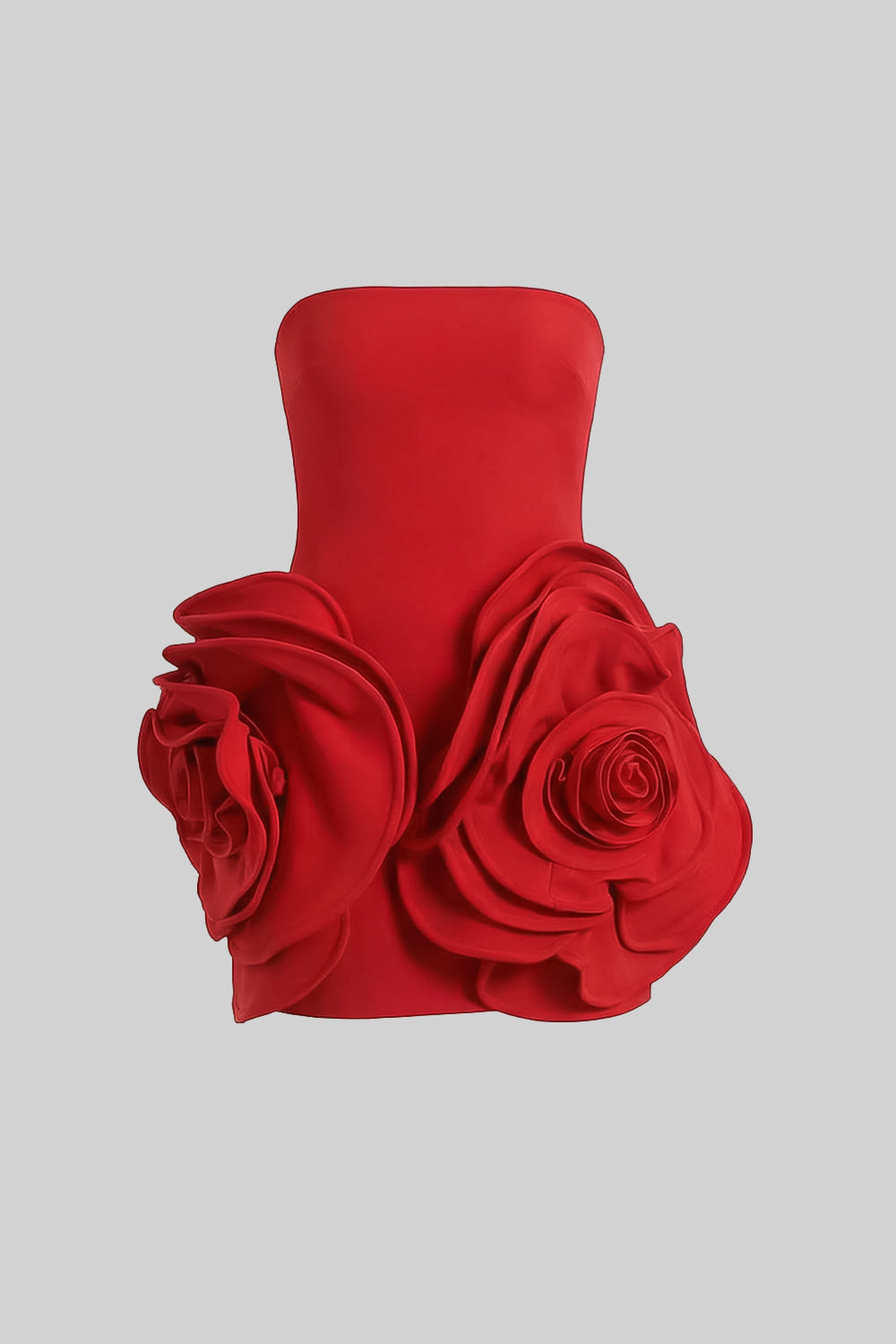 Strapless Sculptural Mini Dress with 3D Floral Appliqués – Red