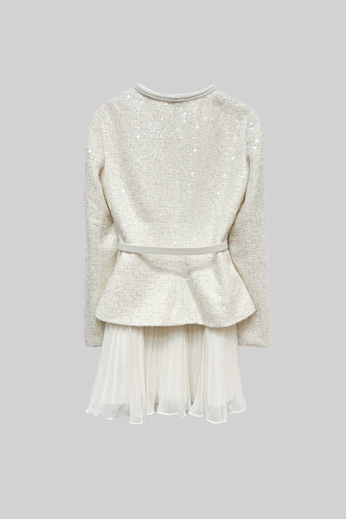 Rochie Mini Texturată cu Buzunare și Fustă Plisată Transparentă - Bej