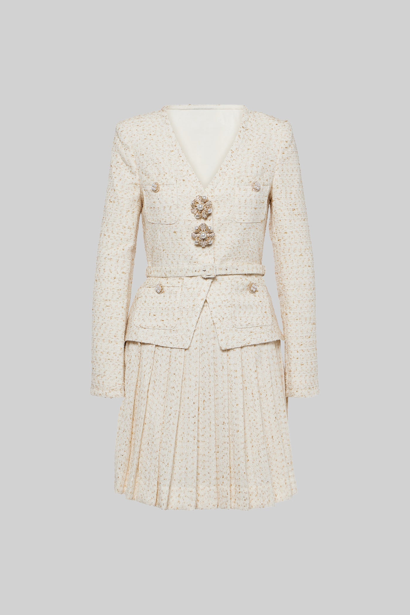 Set texturat coordonat cu top cu mâneci lungi și fustă mini plisată asortată - Ivoire