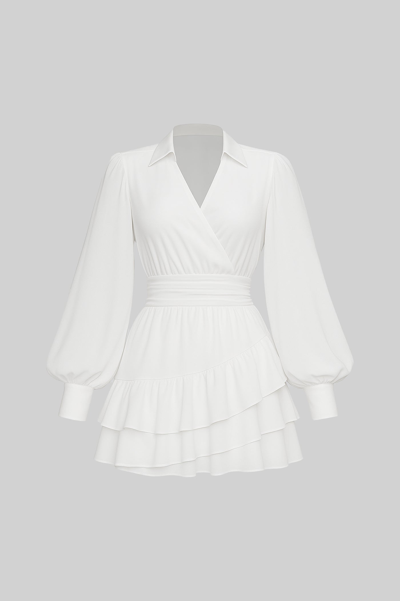 Elegant Dress With Long Puff Sleeves, Fitted Cinched Waist And Back Cutout - White