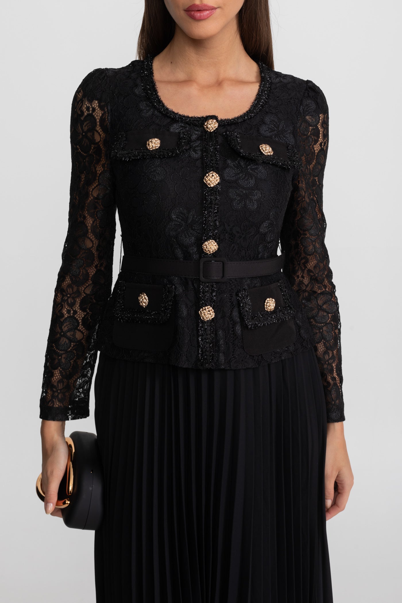 Rochie midi din dantelă și plisată cu detalii de nasturi aurii - Negru