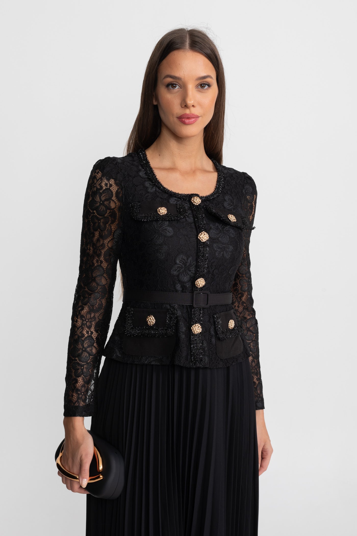 Rochie midi din dantelă și plisată cu detalii de nasturi aurii - Negru