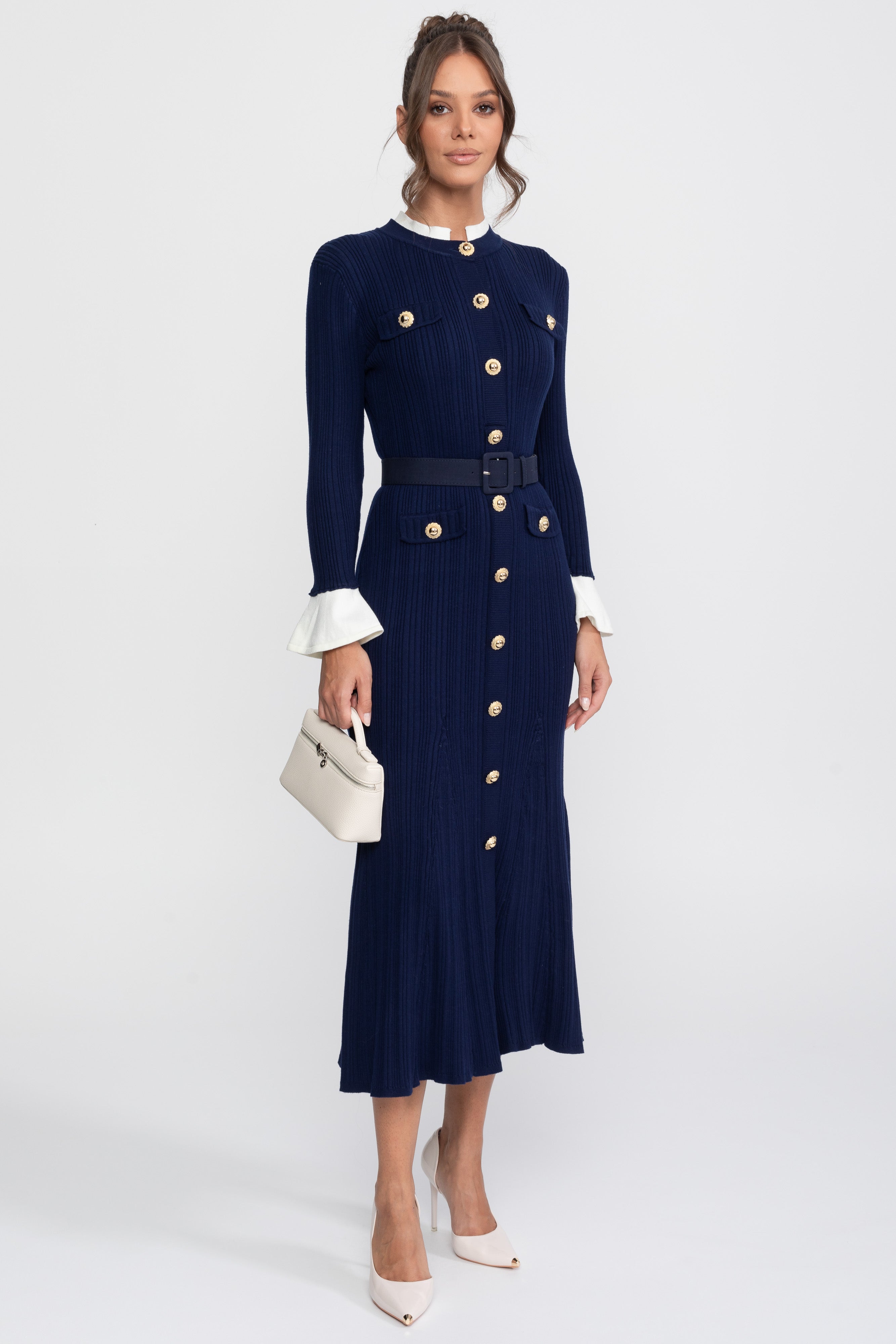 Rochie midi tricotată cu nervuri, cu centură, manșete și guler albe - Navy
