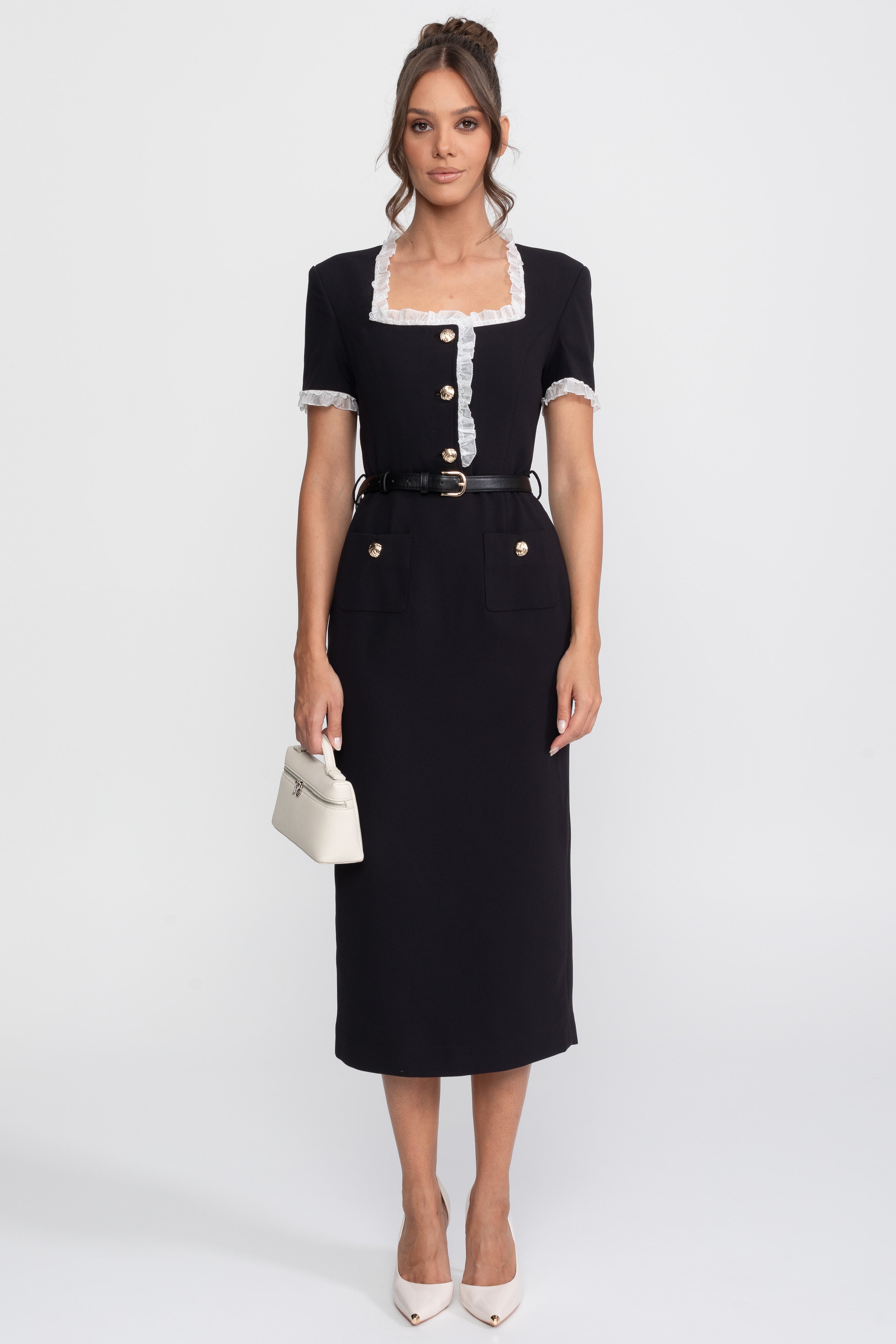Square Neck Belted Midi Dress With White Ruffle Trim - Black
