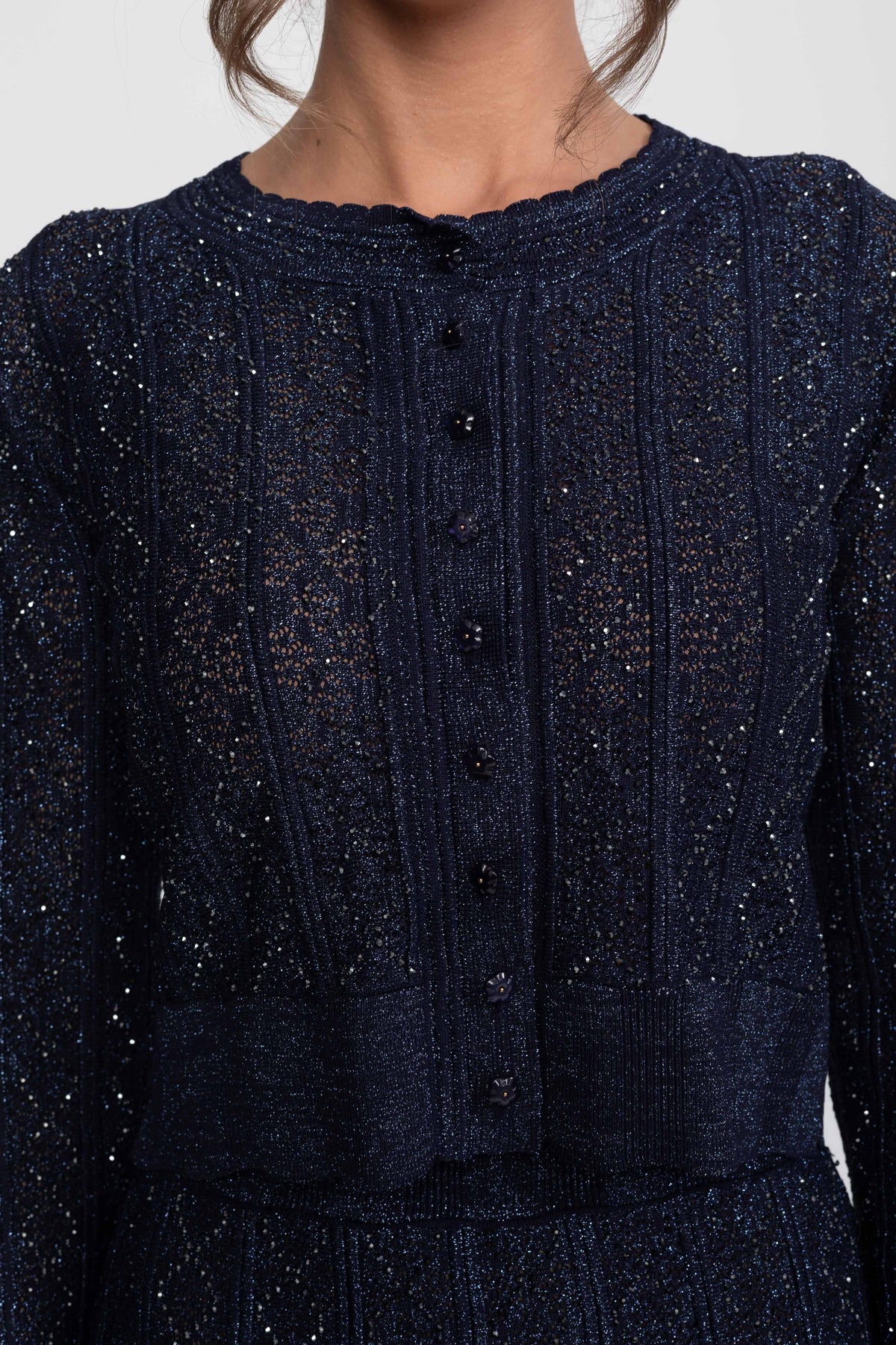 Set Co-Ord din dantelă cu model diamant și mânecă lungă, cu fustă maxi - Navy