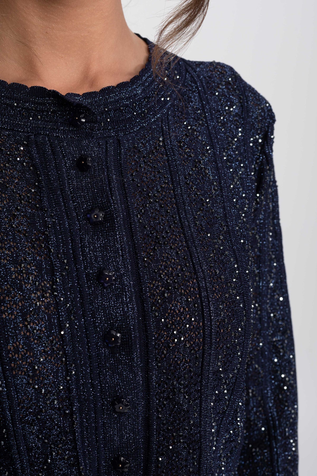 Set Co-Ord din dantelă cu model diamant și mânecă lungă, cu fustă maxi - Navy