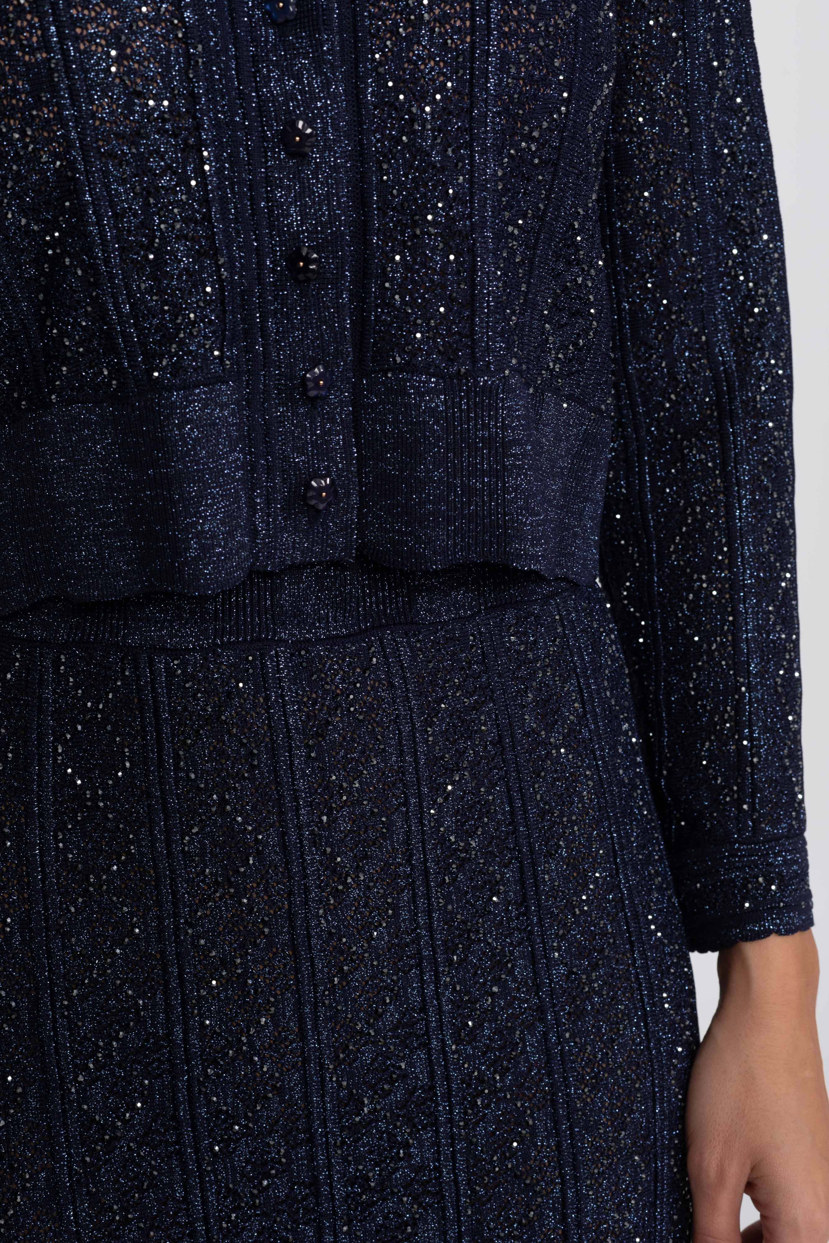 Set Co-Ord din dantelă cu model diamant și mânecă lungă, cu fustă maxi - Navy
