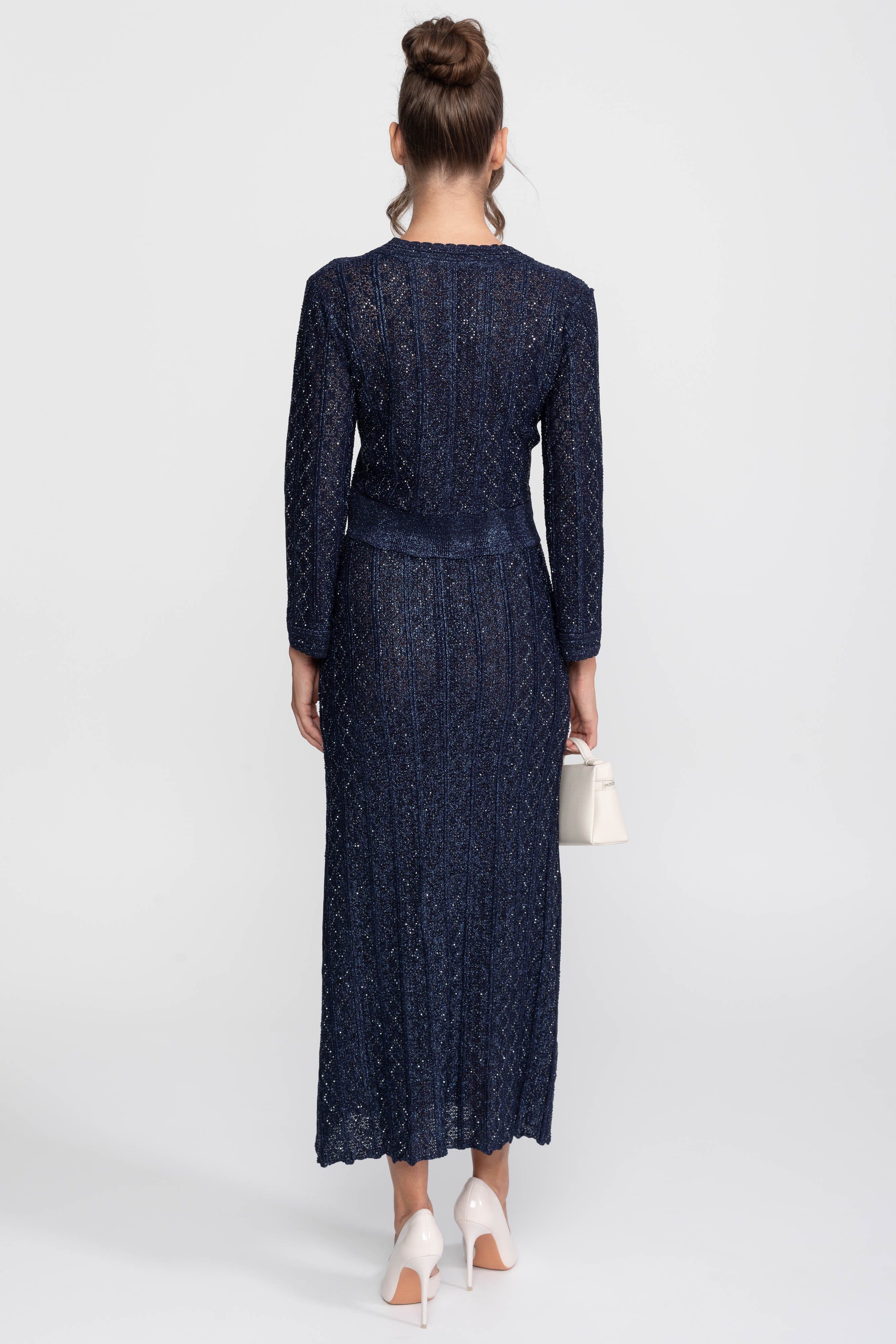 Set Co-Ord din dantelă cu model diamant și mânecă lungă, cu fustă maxi - Navy
