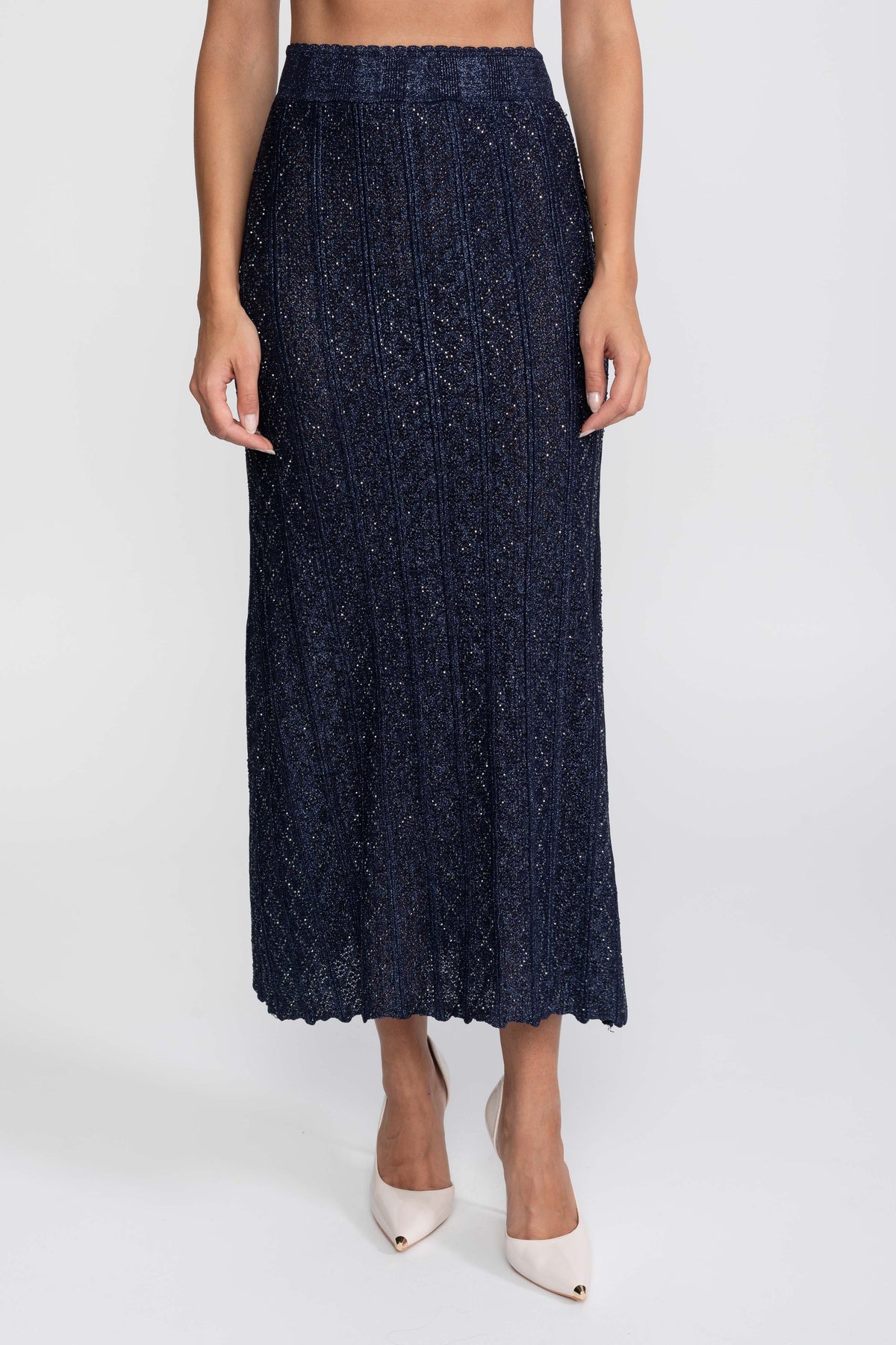 Set Co-Ord din dantelă cu model diamant și mânecă lungă, cu fustă maxi - Navy