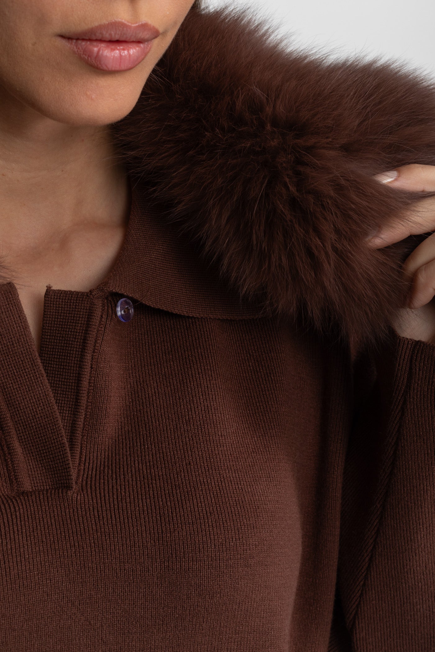 Knit Lounge Co-Ord Set with Fox Fur Collar – Brown