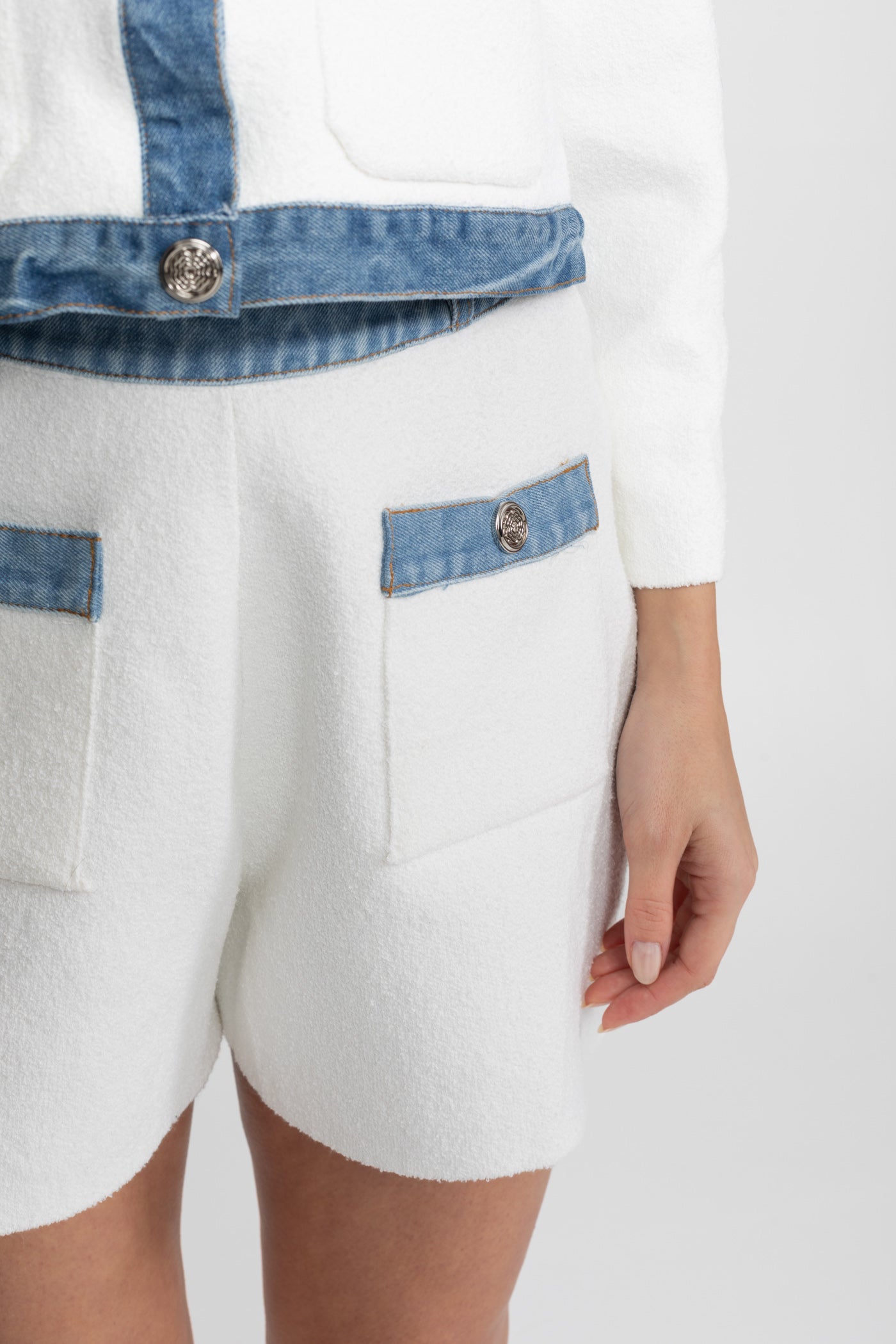 Textured Knit Co-Ord Set with Denim Trim – White & Blue