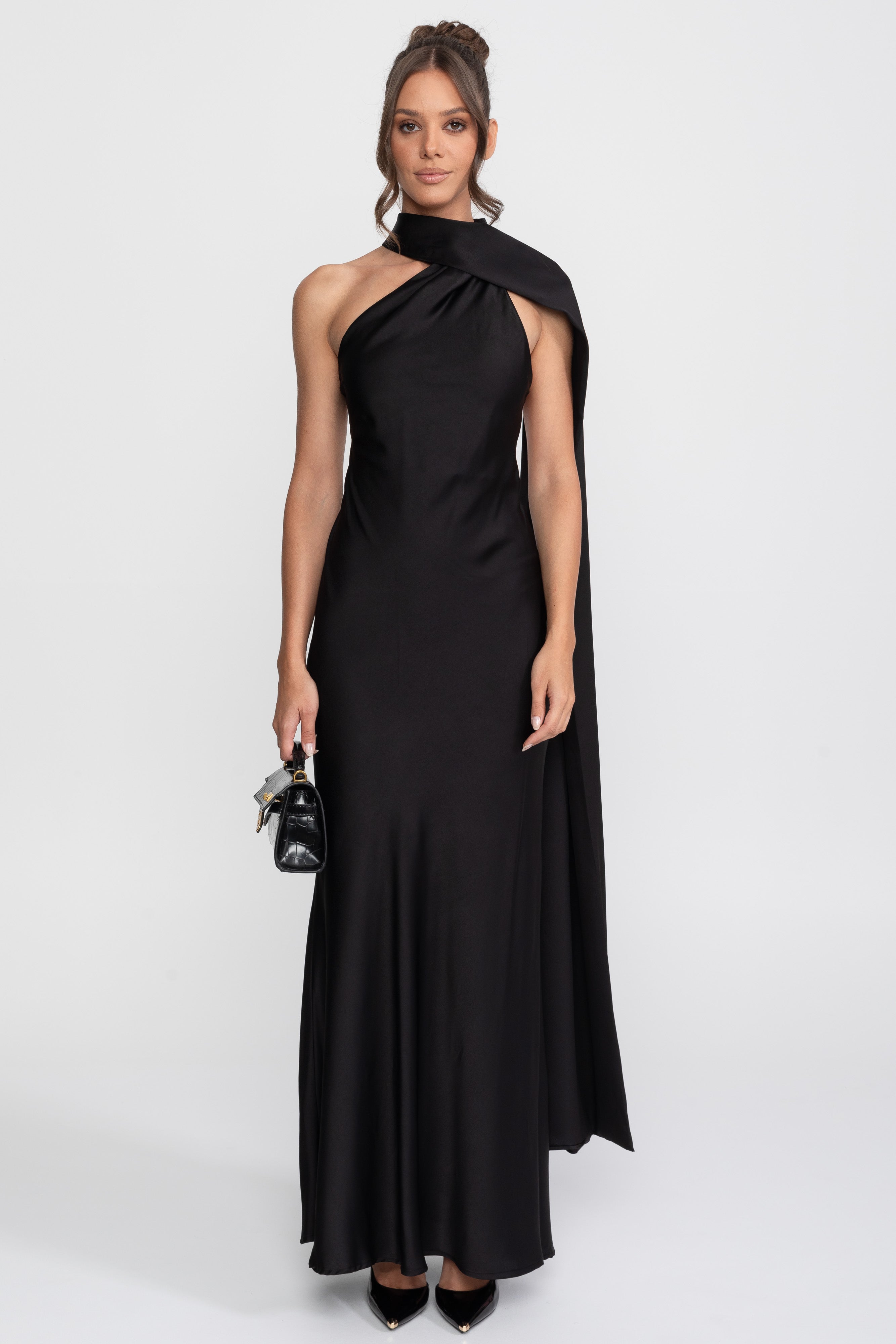 Rochie slip din satin cu halter răsucit și decolteu asimetric - Negru