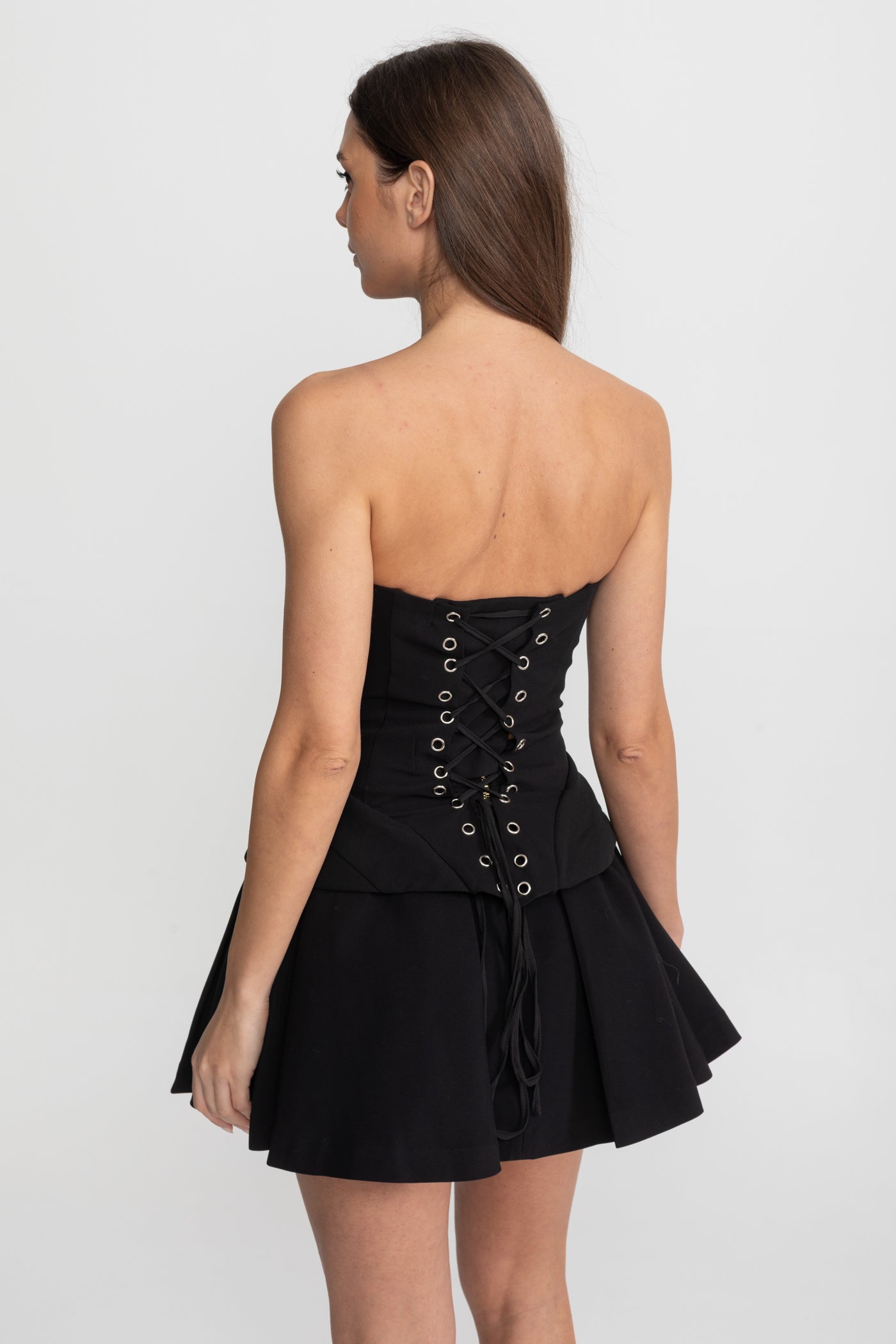 Top fără bretele cu corset sculptat și inserție iluzorie – Negru