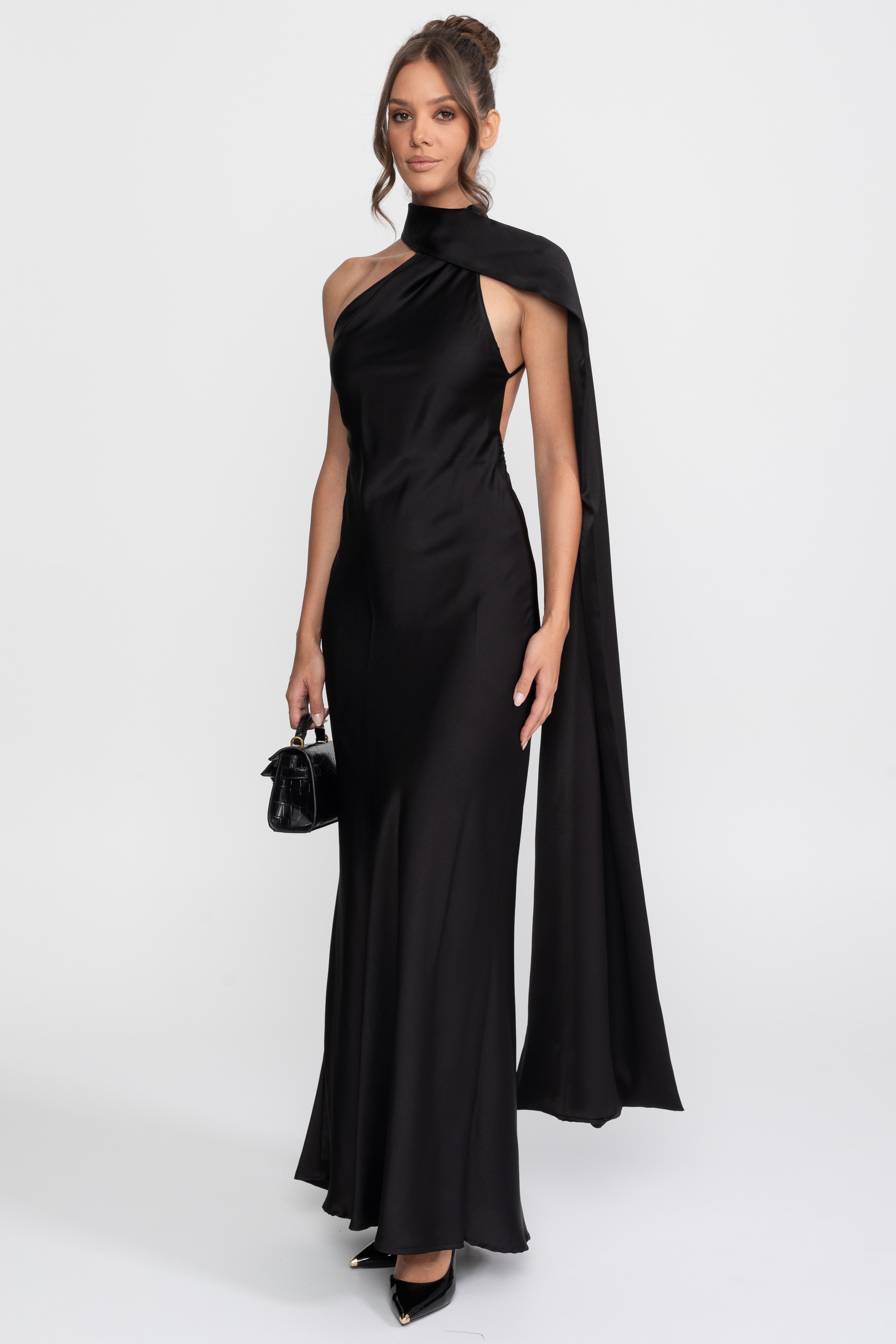Rochie slip din satin cu halter răsucit și decolteu asimetric - Negru