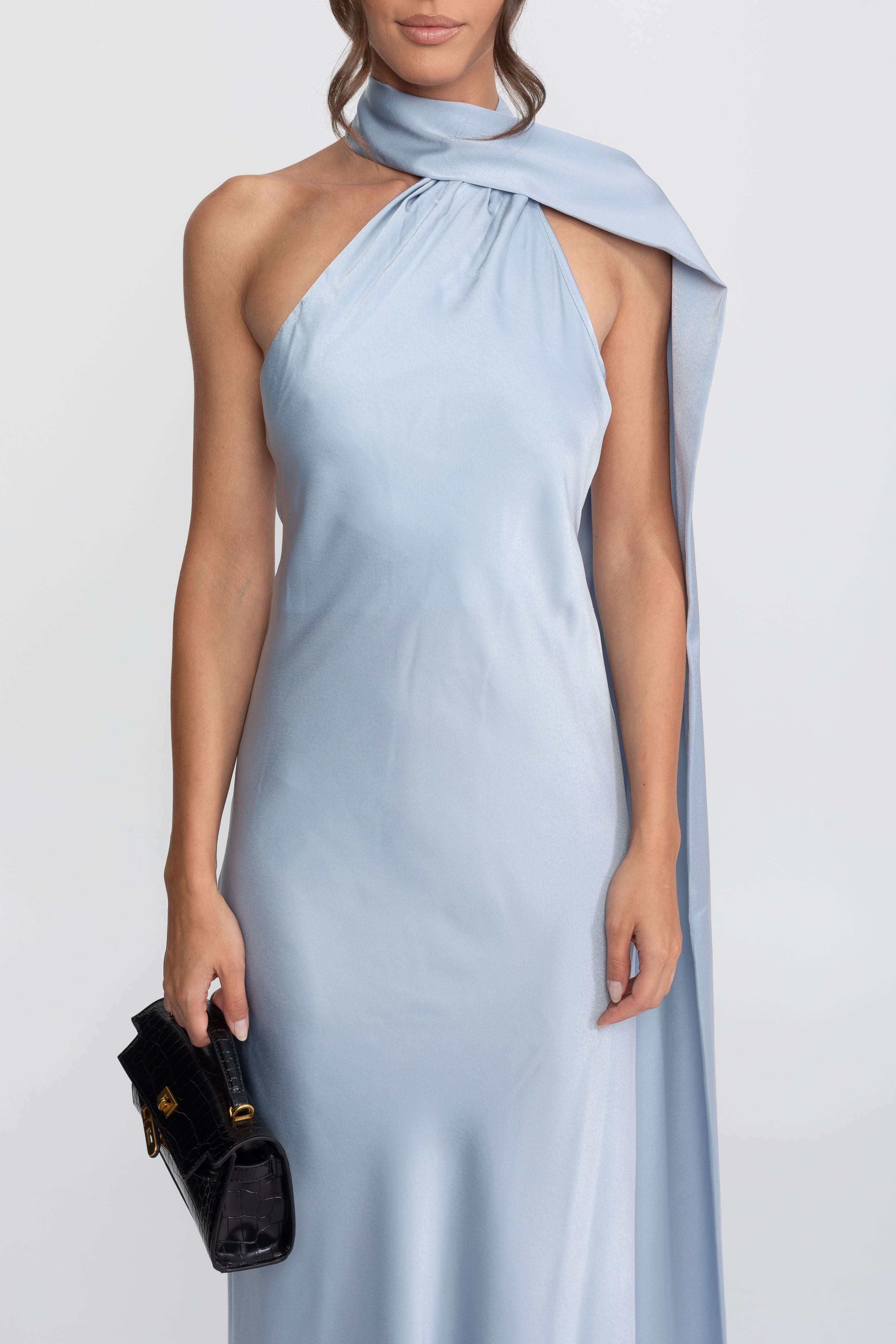 Rochie slip din satin, cu halter răsucit și decolteu asimetric - Albastru