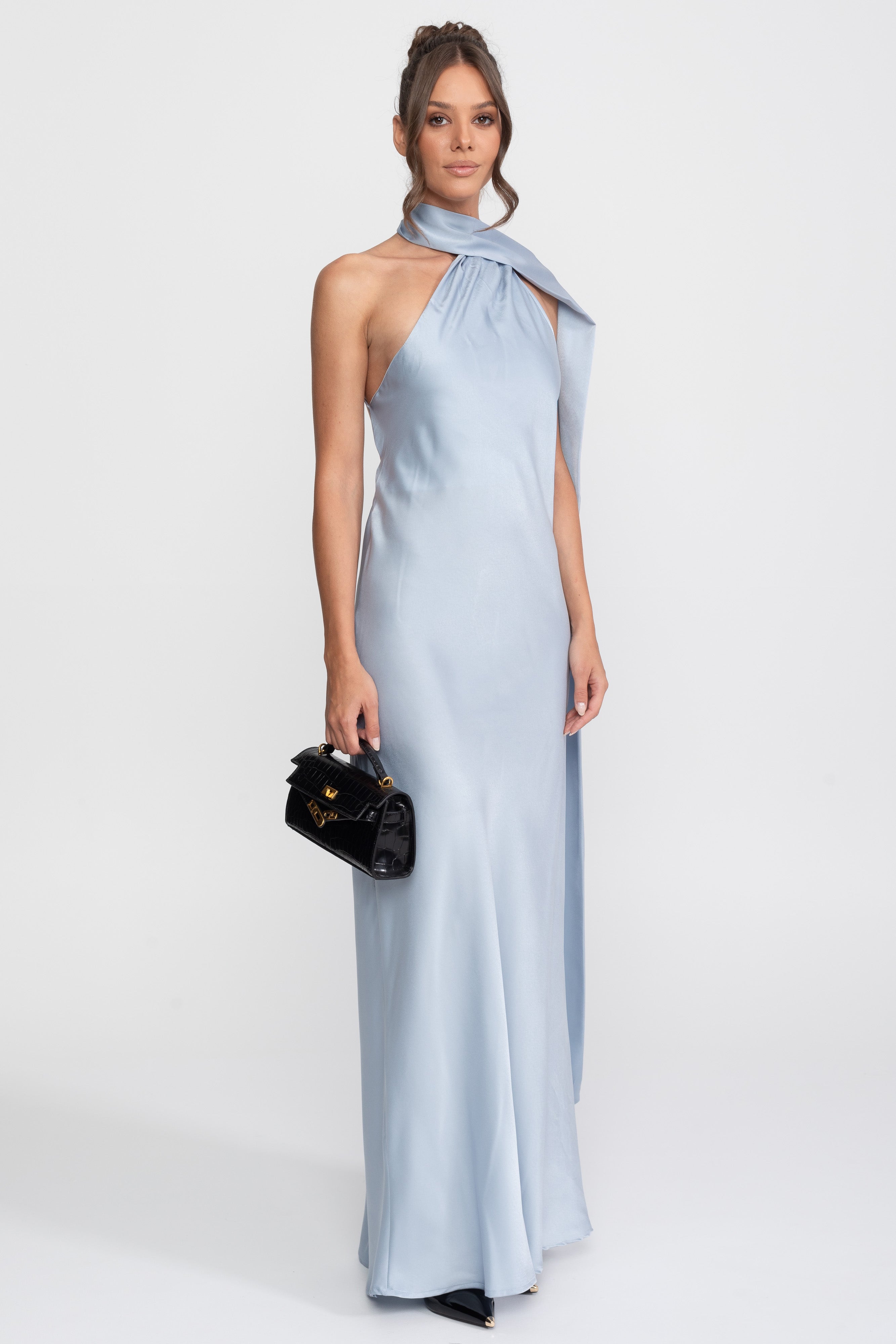 Rochie slip din satin, cu halter răsucit și decolteu asimetric - Albastru