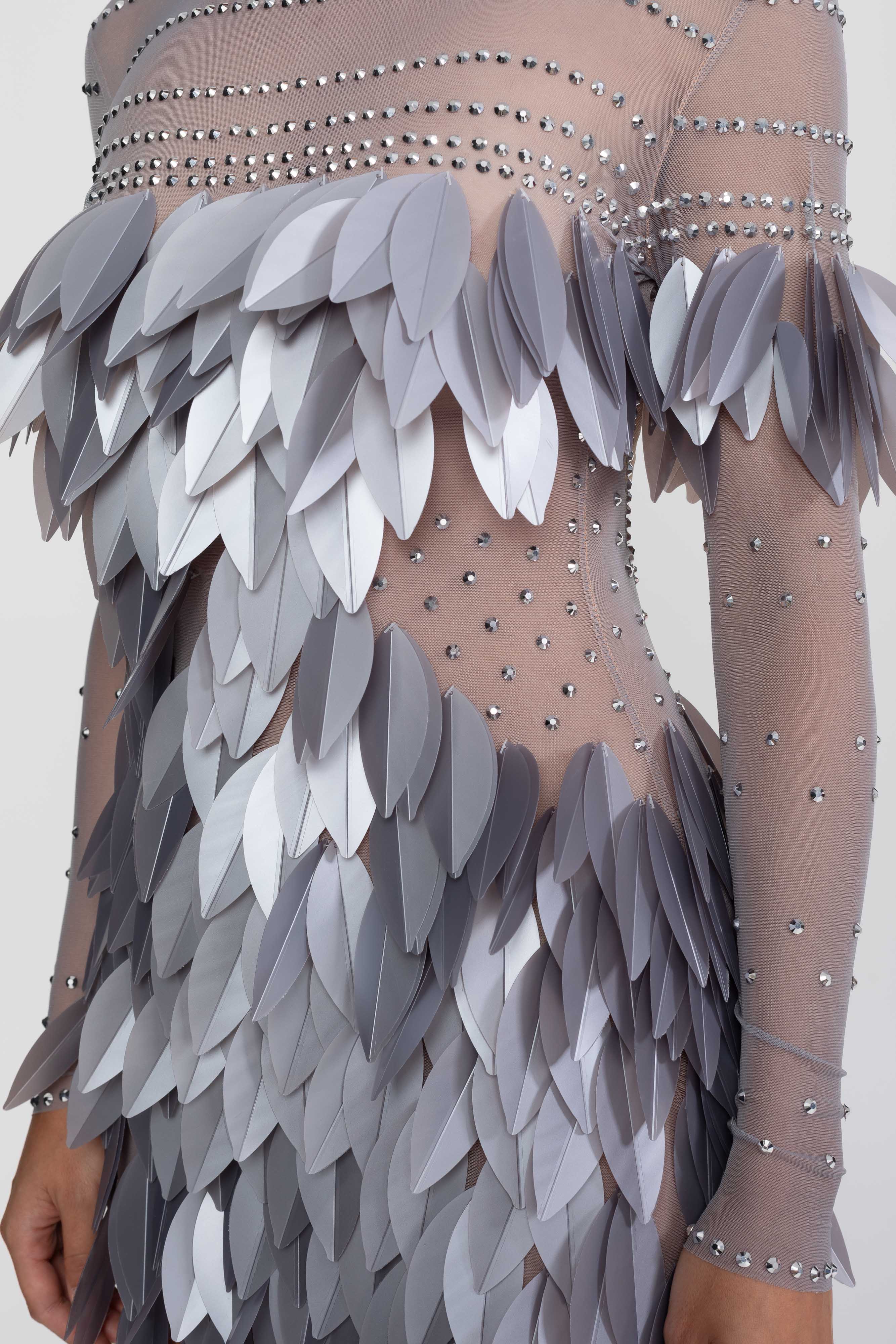 Sheer Mesh Feather-Panel Mini Dress With Crystal Neckline - Gray