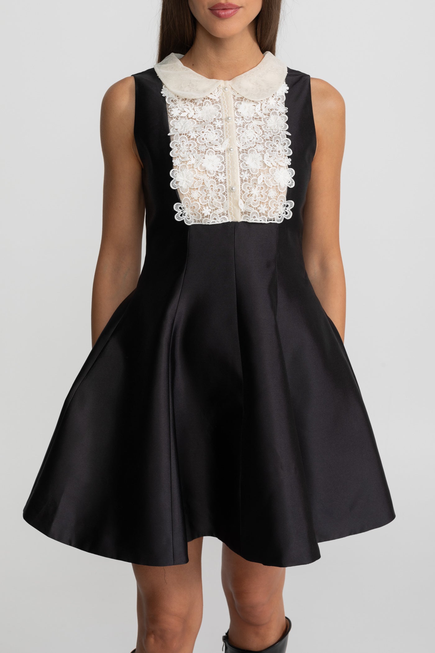 A-Line Mini Dress with Lace Bib – Black