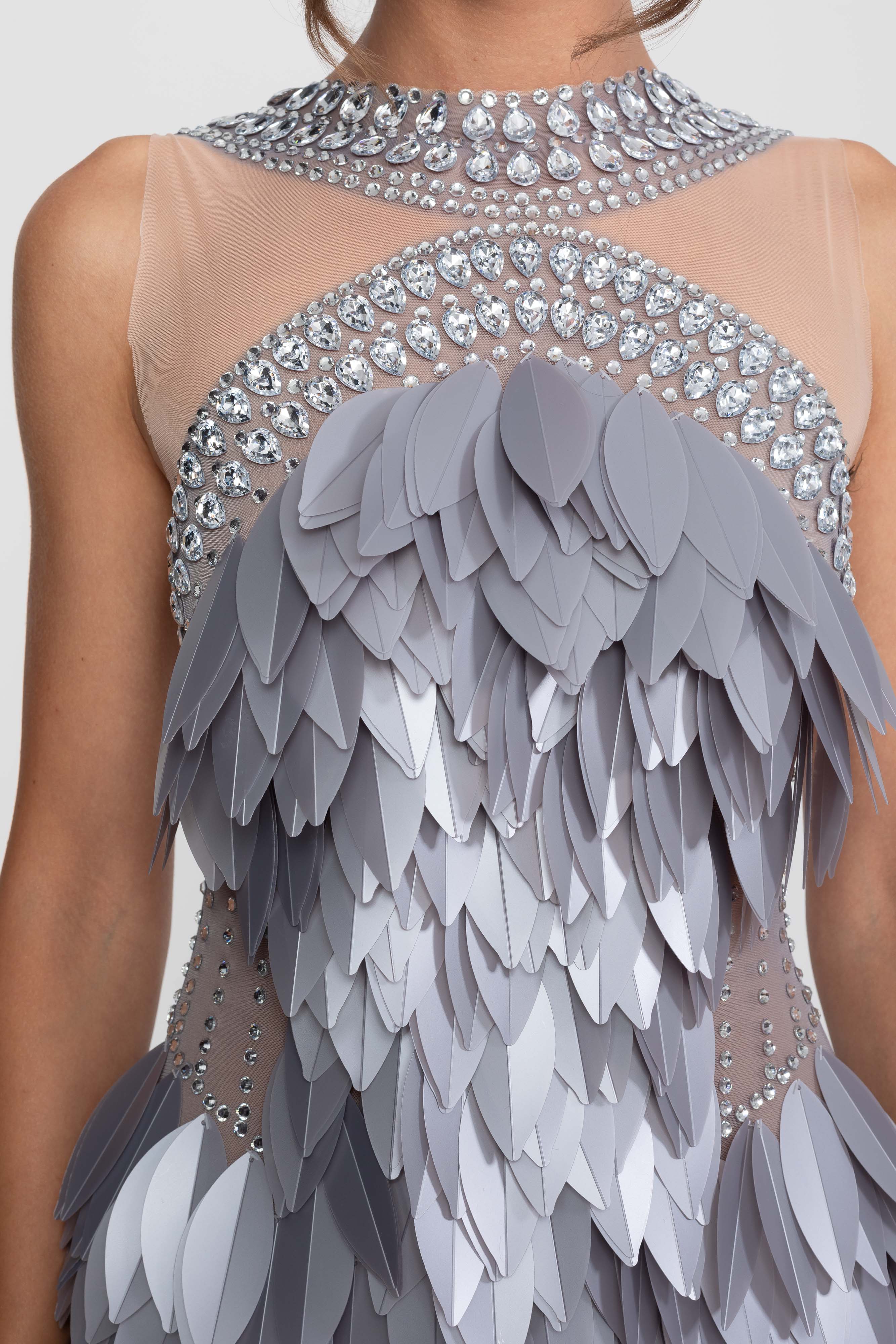 Sleeveless Sheer Mesh Feather-Panel Mini Dress With Crystals - Gray