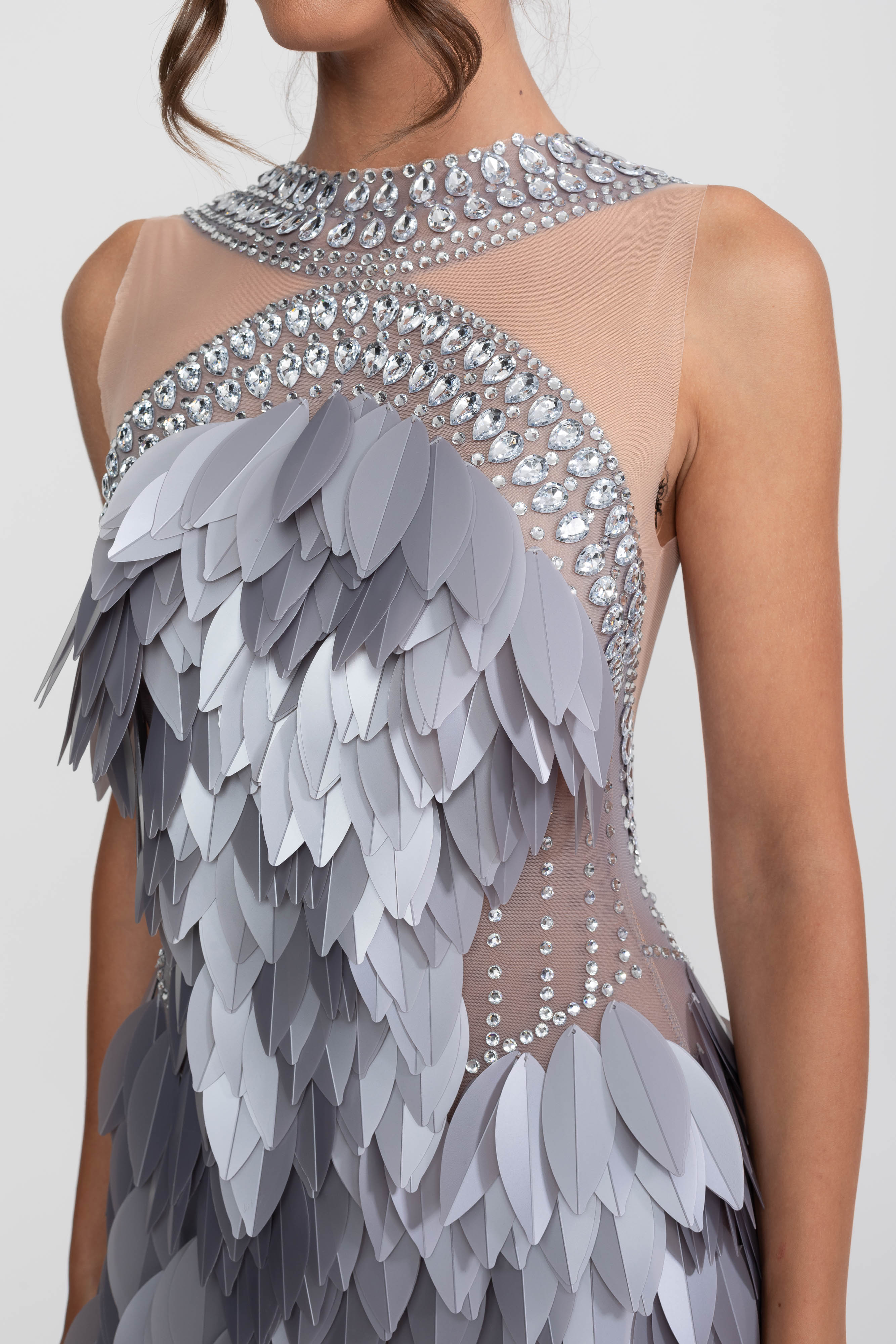 Sleeveless Sheer Mesh Feather-Panel Mini Dress With Crystals - Gray