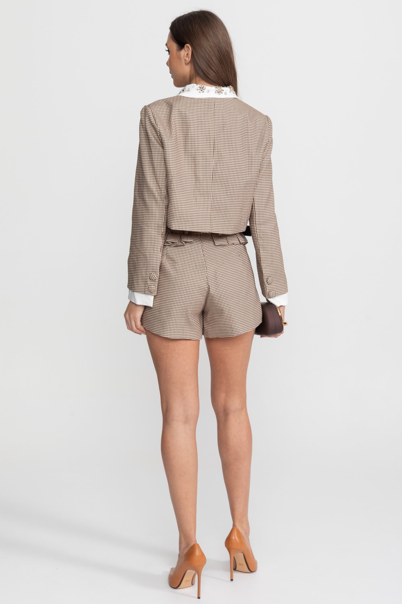 Checked Tailored Co-Ord Set with Statement Bow Detail – Beige