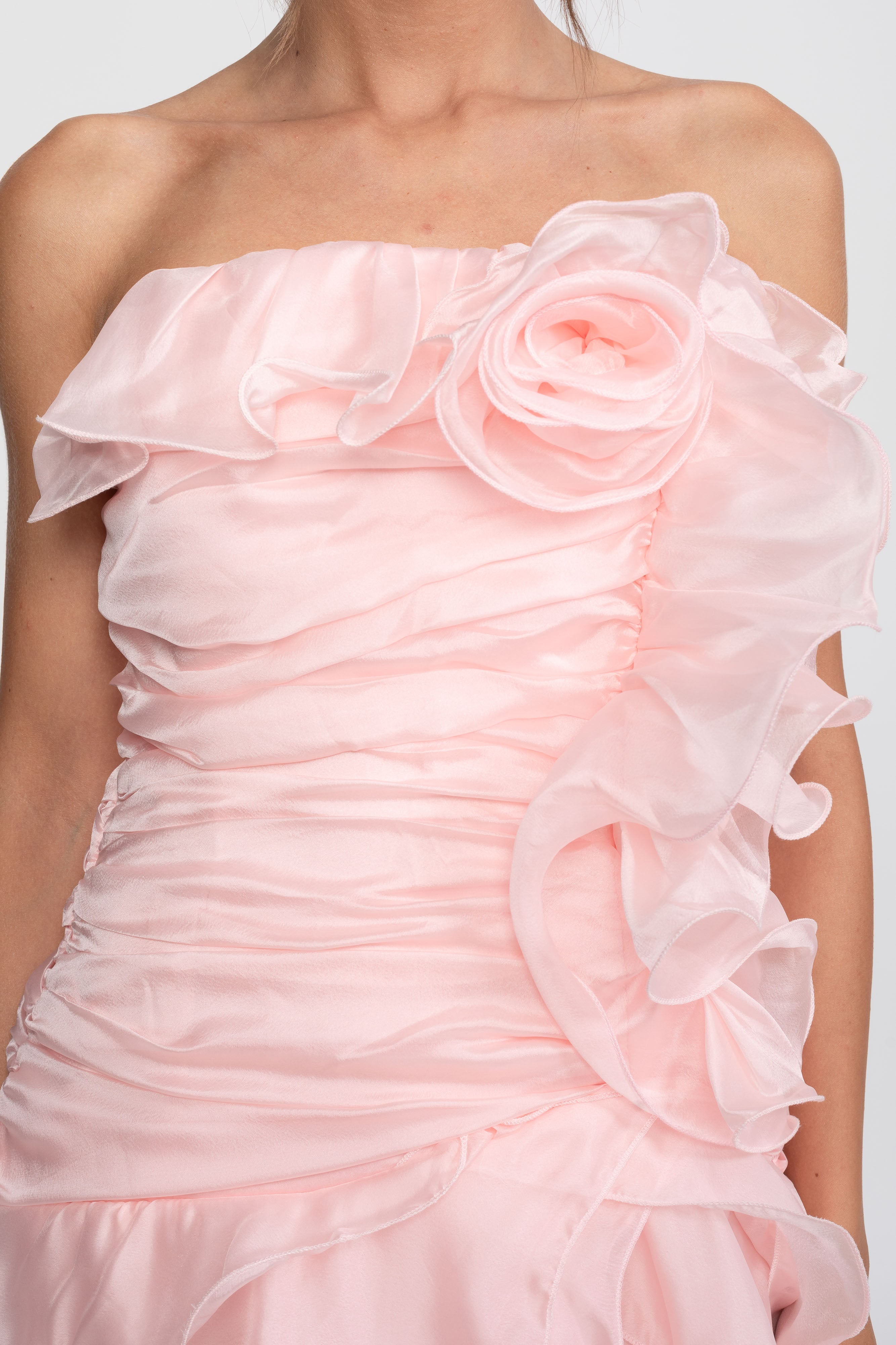 Rochie fără bretele Rosette Petal, cu aplicații florale 3D - Roz