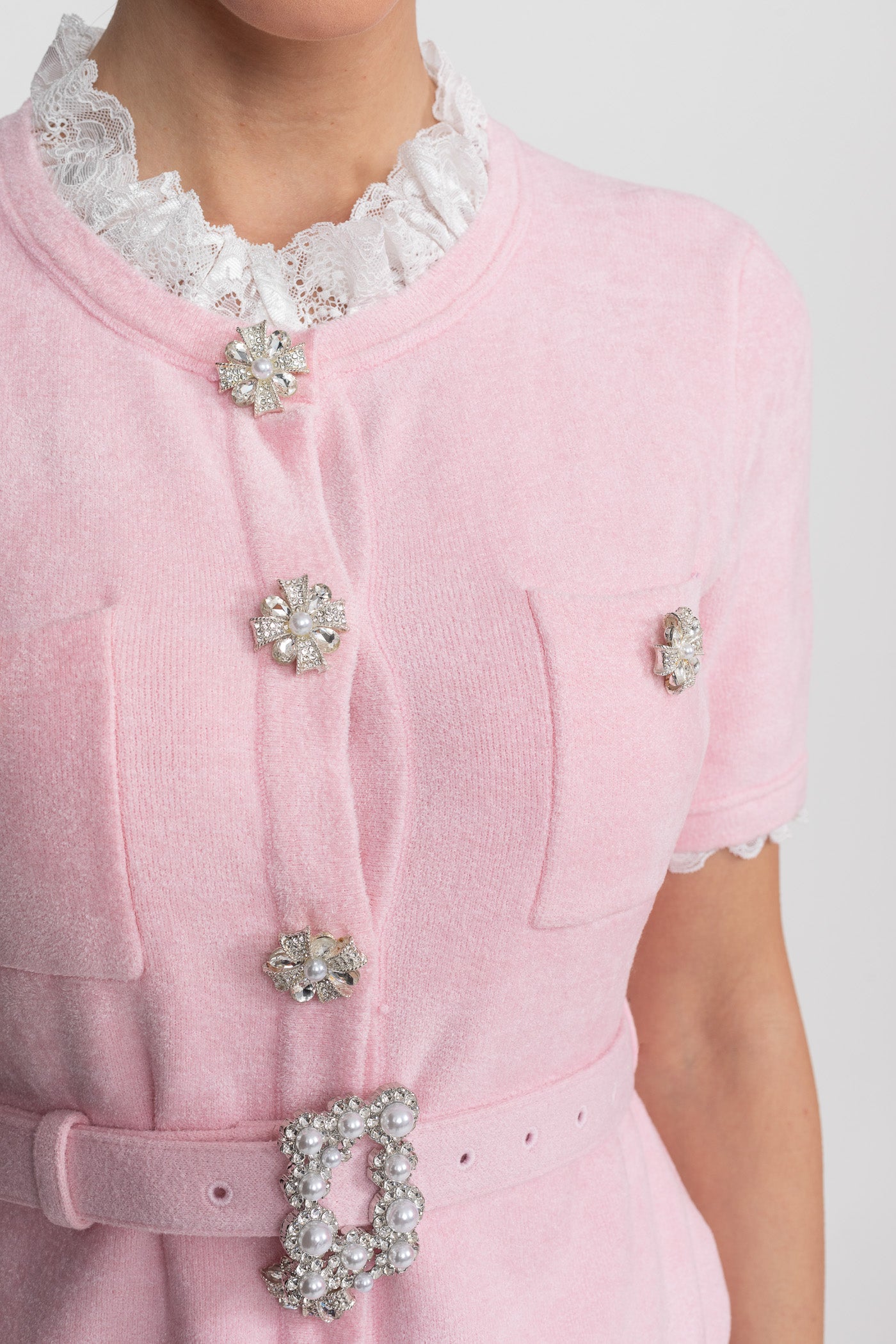 Set cu mânecă scurtă, talie peplum și curea cu nasturi din cristale - Blush Pink