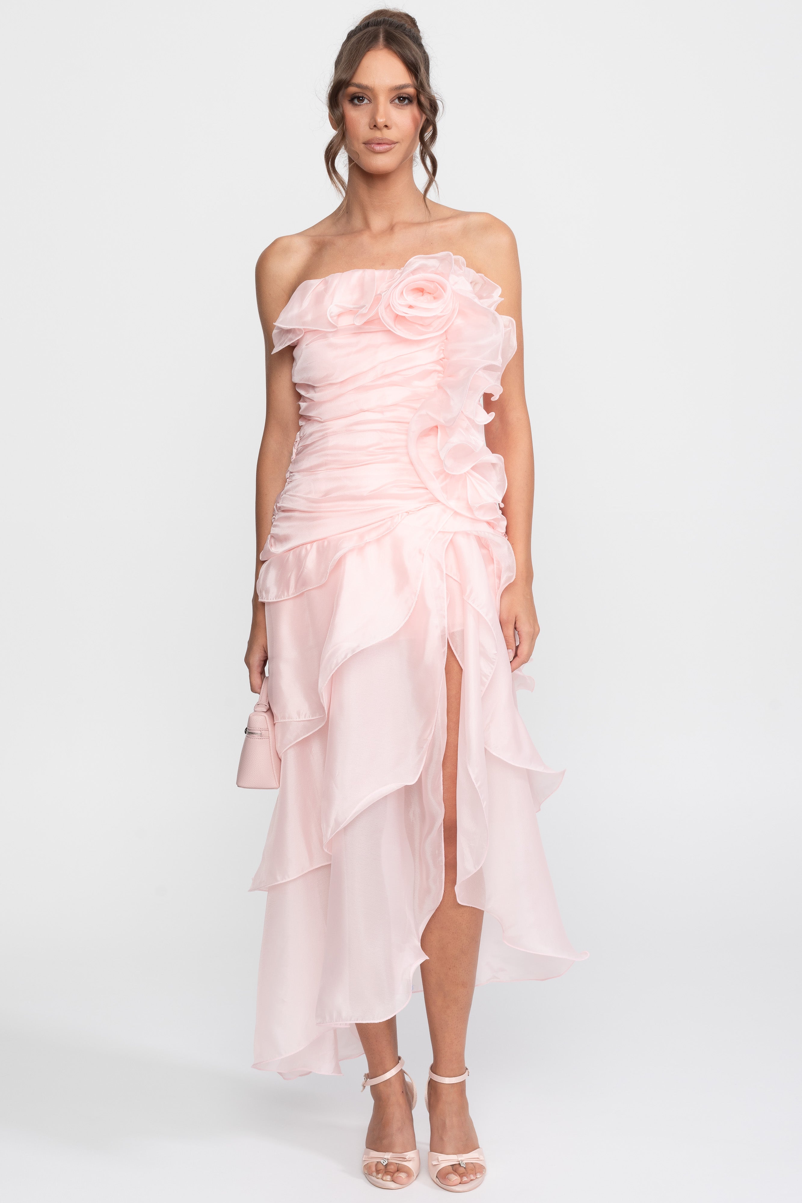 Rochie fără bretele Rosette Petal, cu aplicații florale 3D - Roz