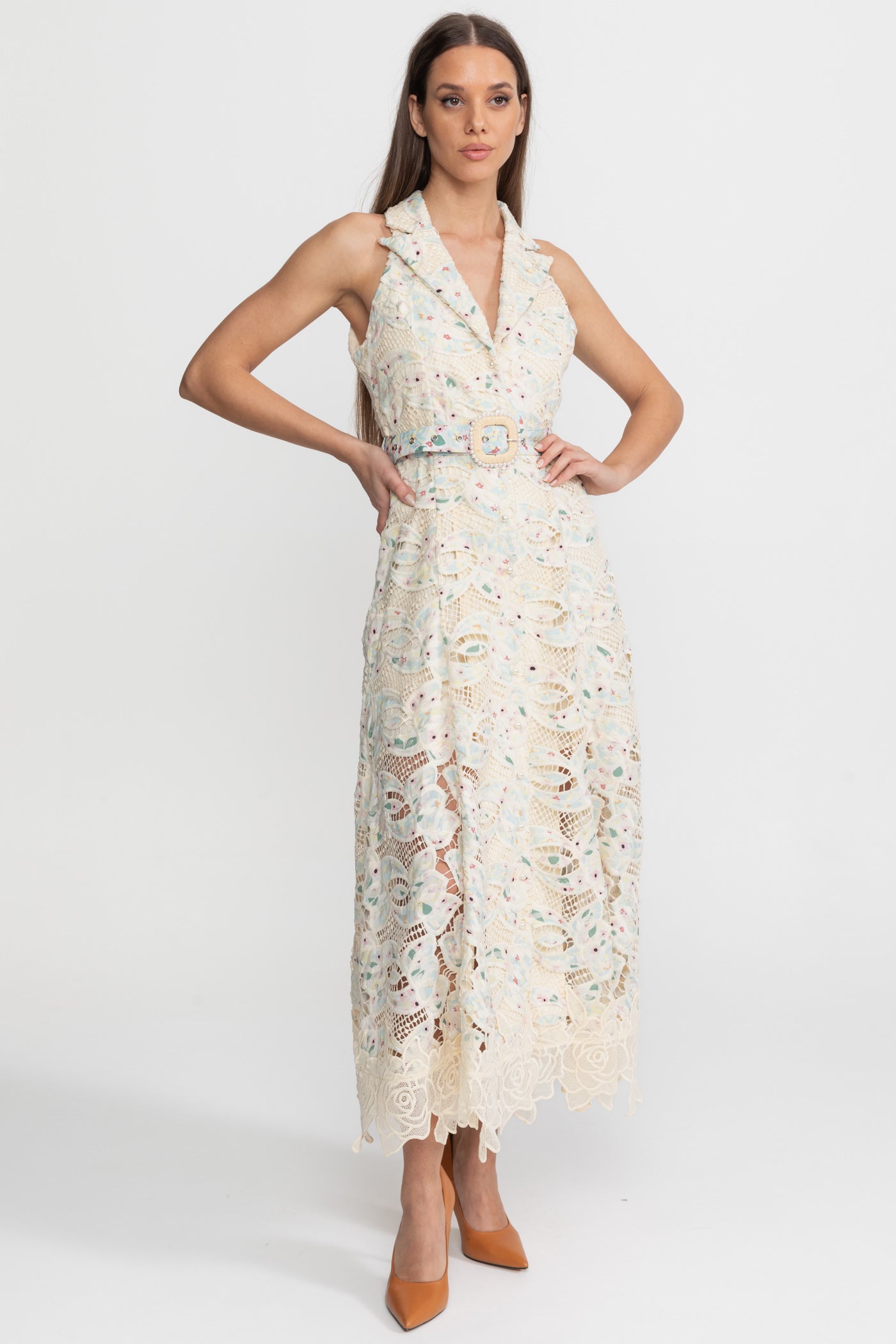 Rochie midi halter din dantelă cu talie accesorizată cu curea – Ivoire