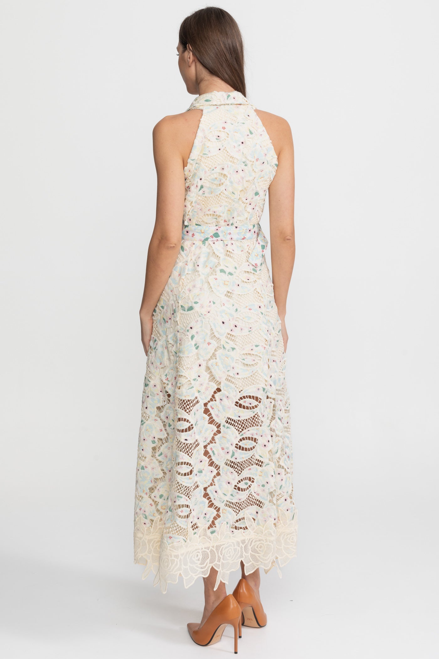 Rochie midi halter din dantelă cu talie accesorizată cu curea – Ivoire