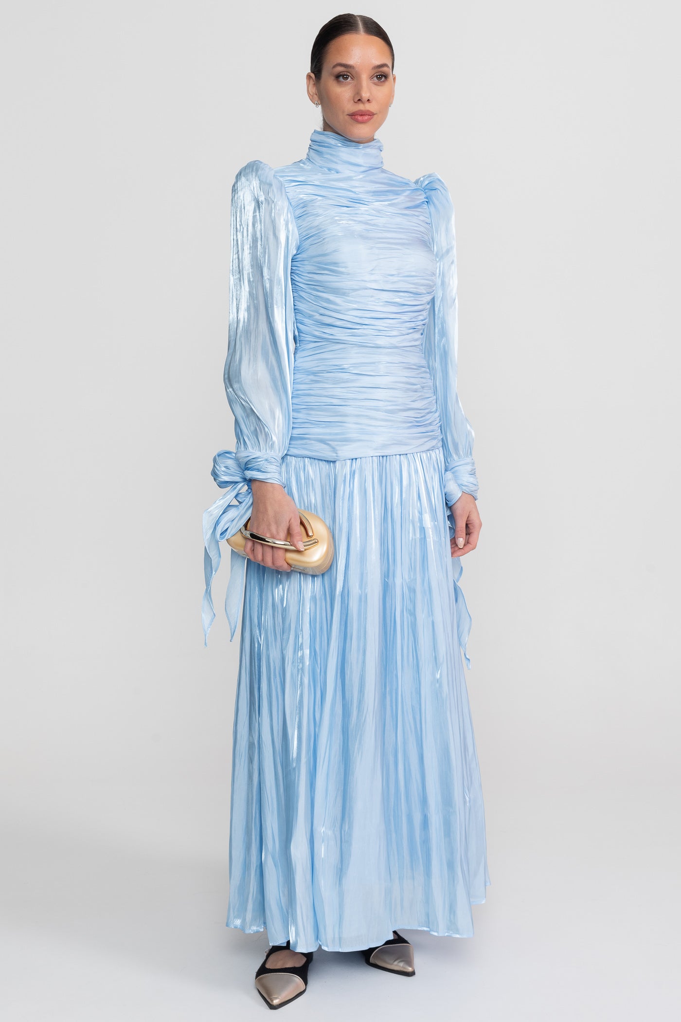 Rochie maxi cu mâneci lungi drapate și fustă plisată - Sky Blue