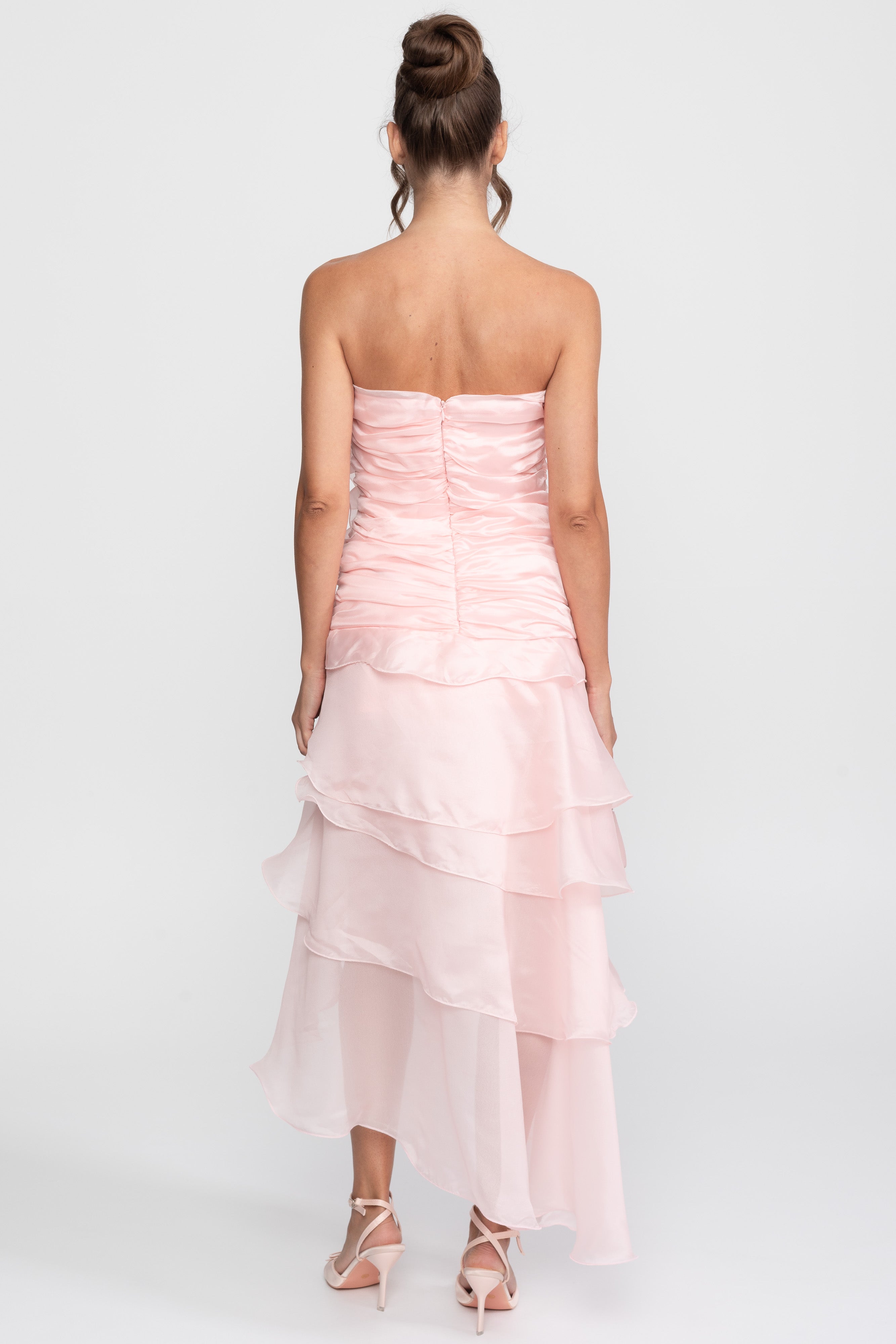 Rochie fără bretele Rosette Petal, cu aplicații florale 3D - Roz